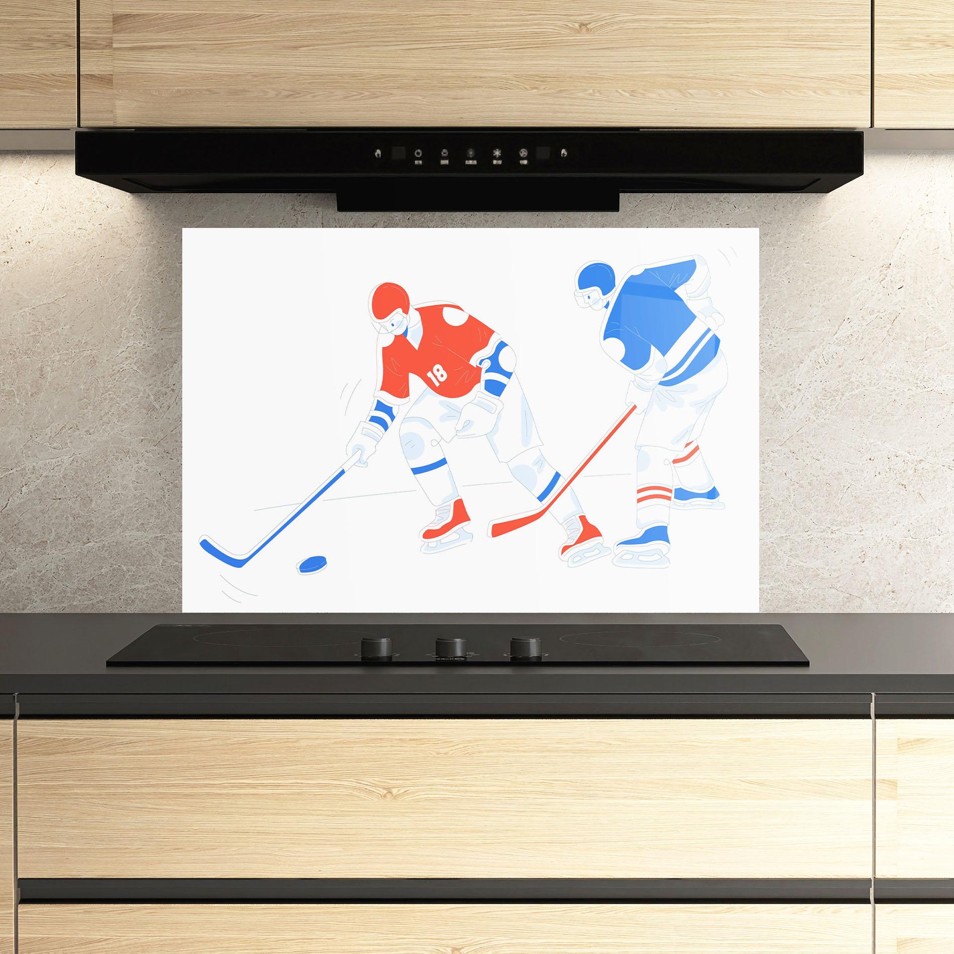 Küchenrückwand Glas Orange Blue Hockey mockup 3