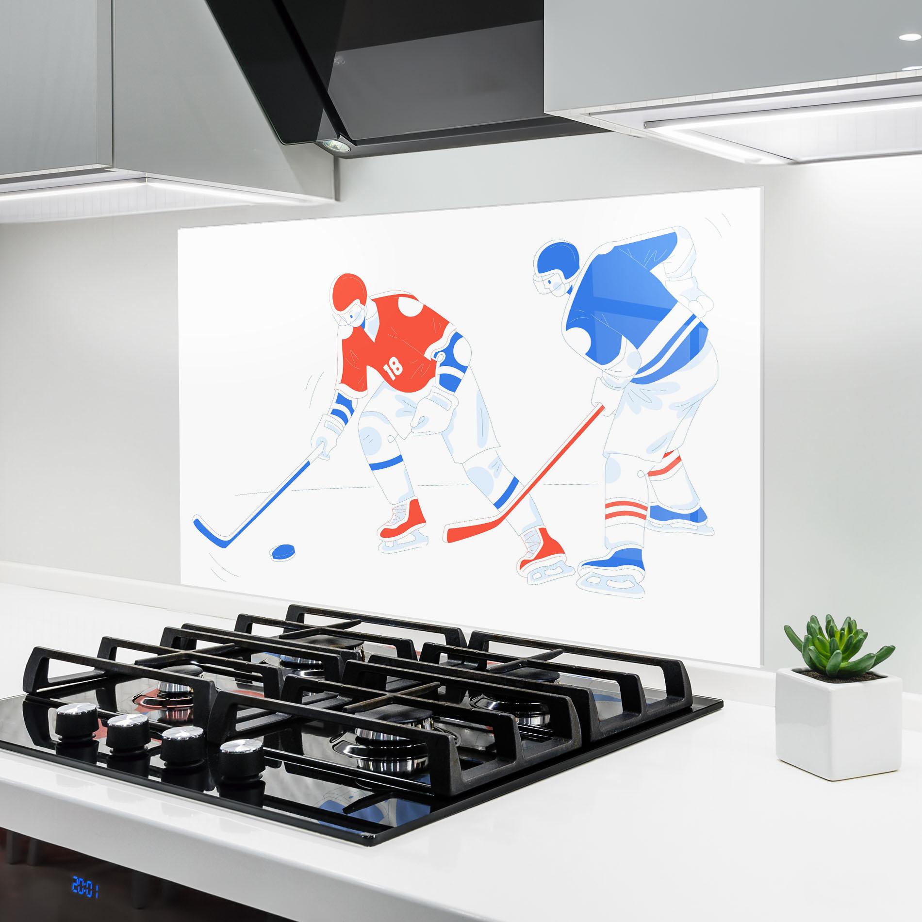 Küchenrückwand Glas Orange Blue Hockey mockup 6