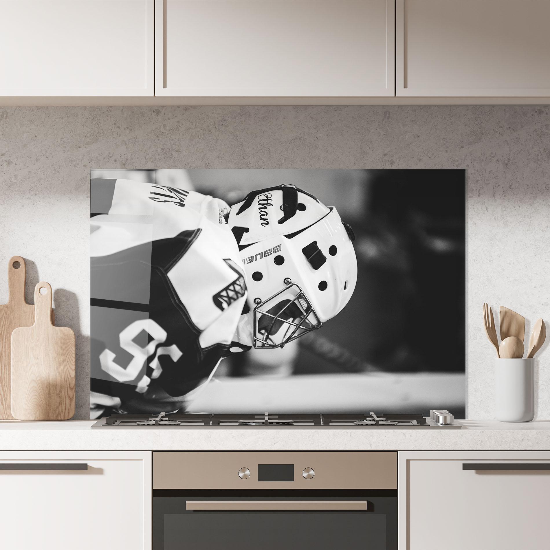 Küchenrückwand Glas Black White Hockey mockup 7