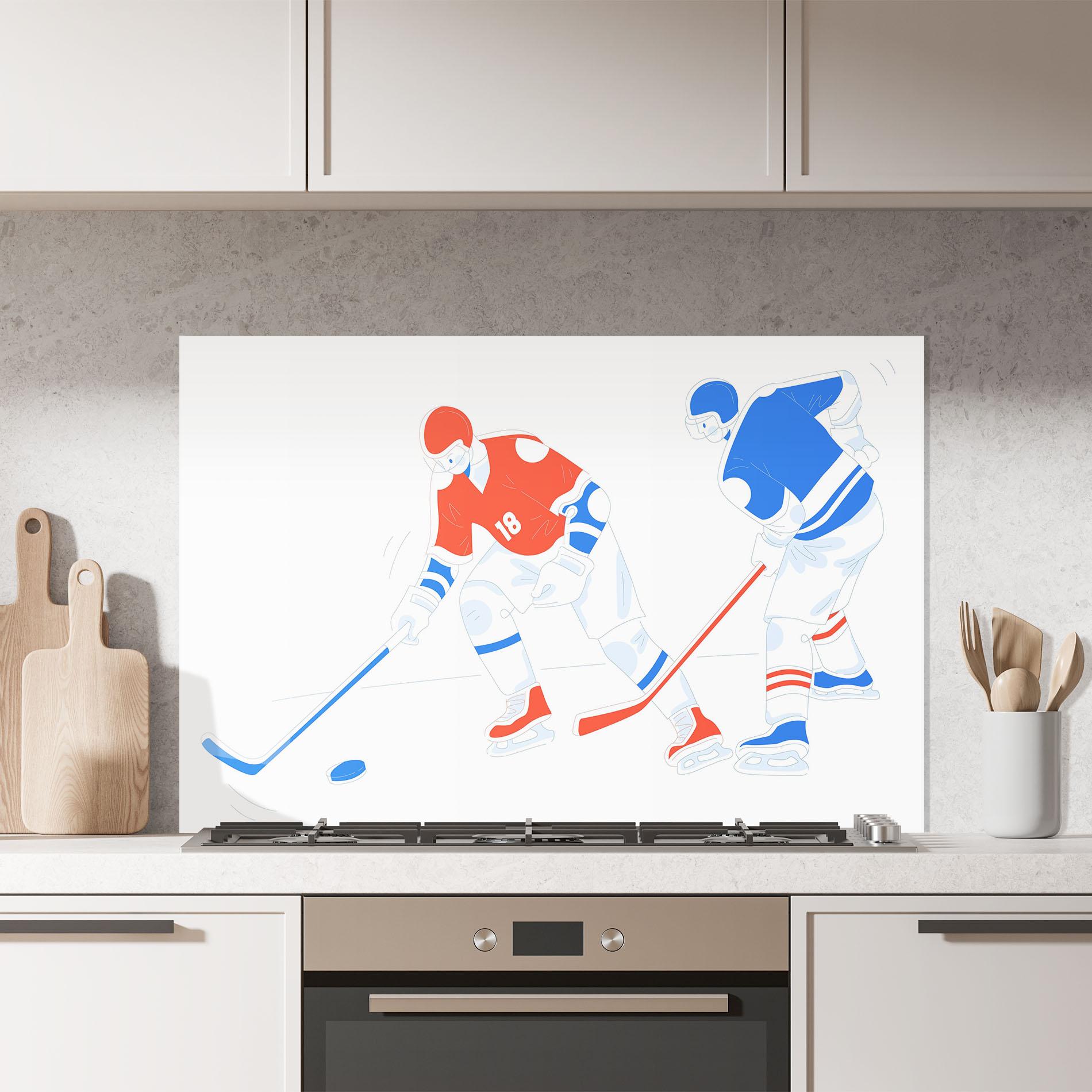 Küchenrückwand Glas Orange Blue Hockey mockup 7