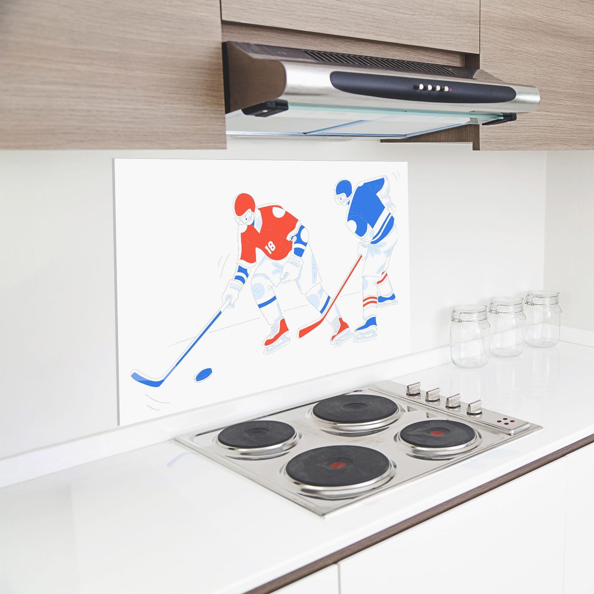 Küchenrückwand Glas Orange Blue Hockey mockup 8