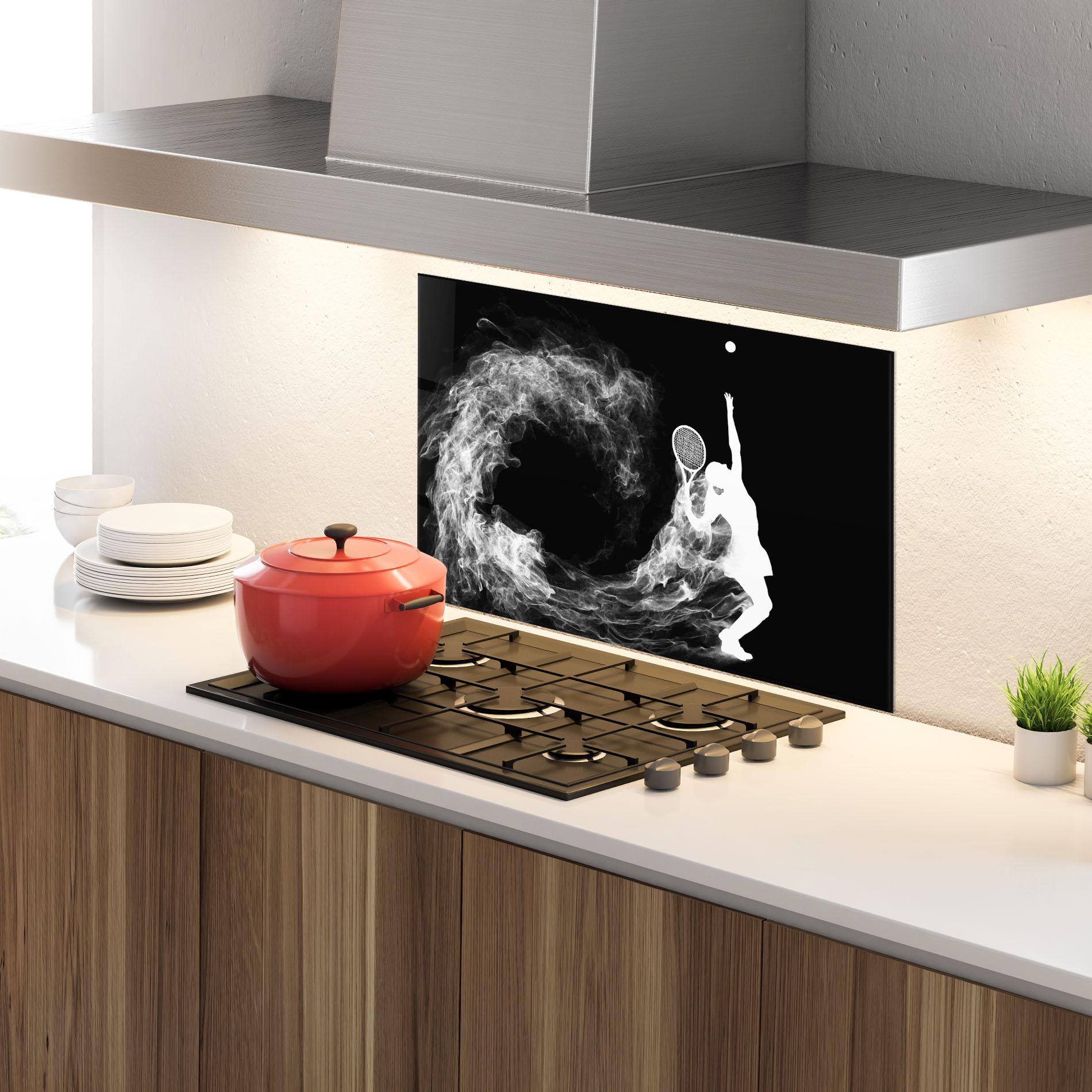 Küchenrückwand Glas White Tennis Smoke mockup 4