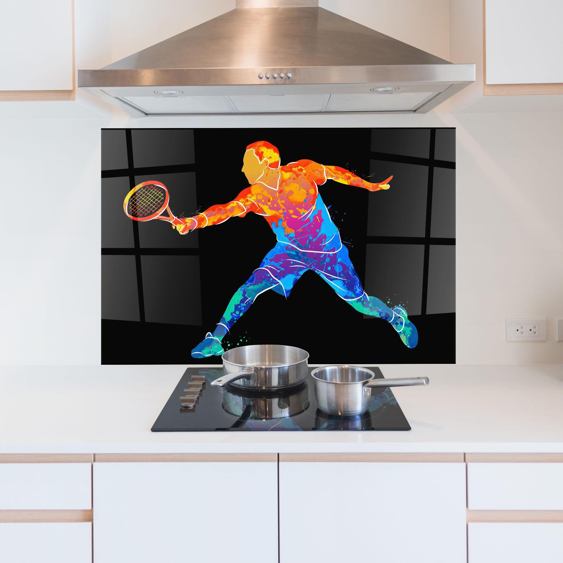 Küchenrückwand Glas Tennis Orange Blue mockup 5