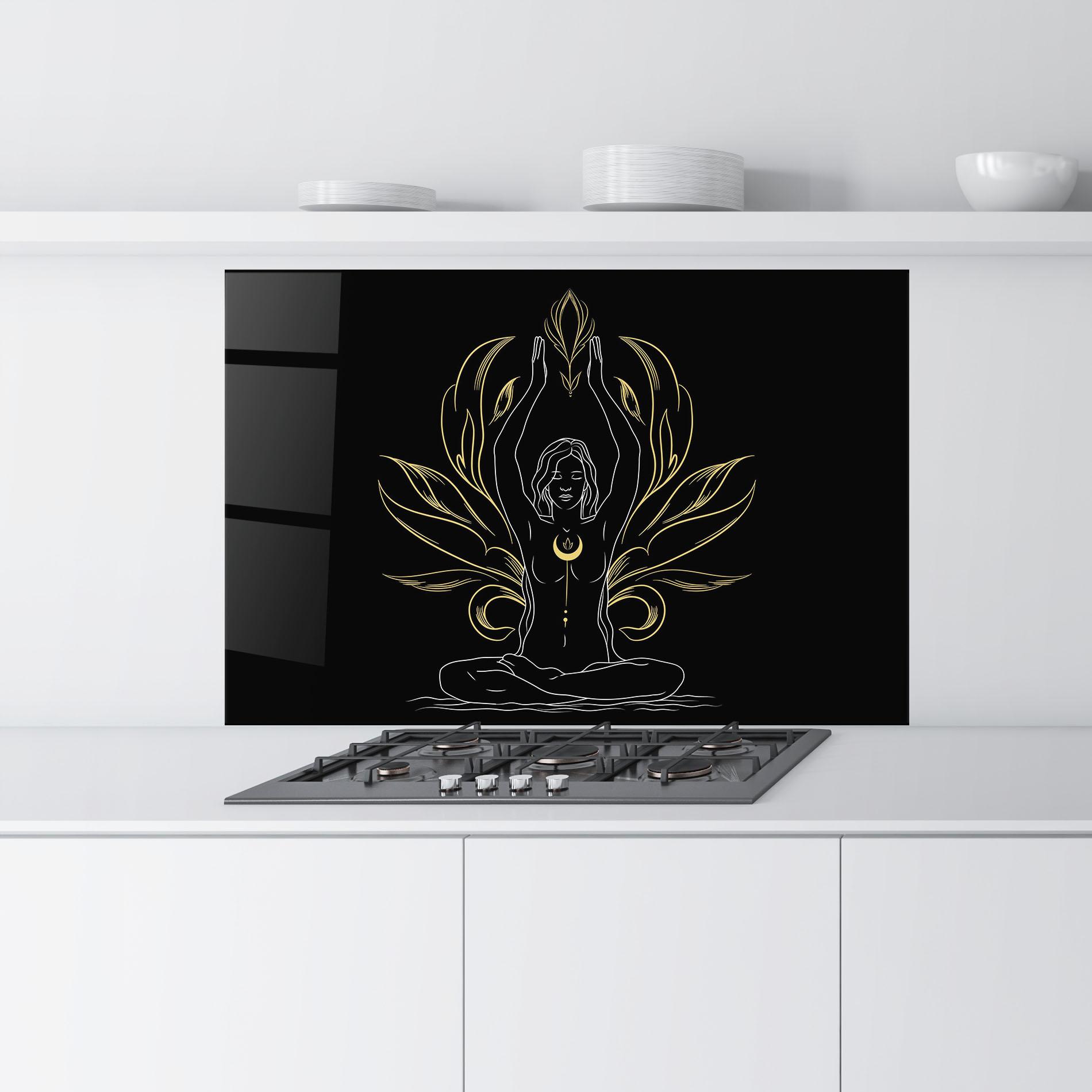 Küchenrückwand Glas Gold Yoga Pose mockup 9