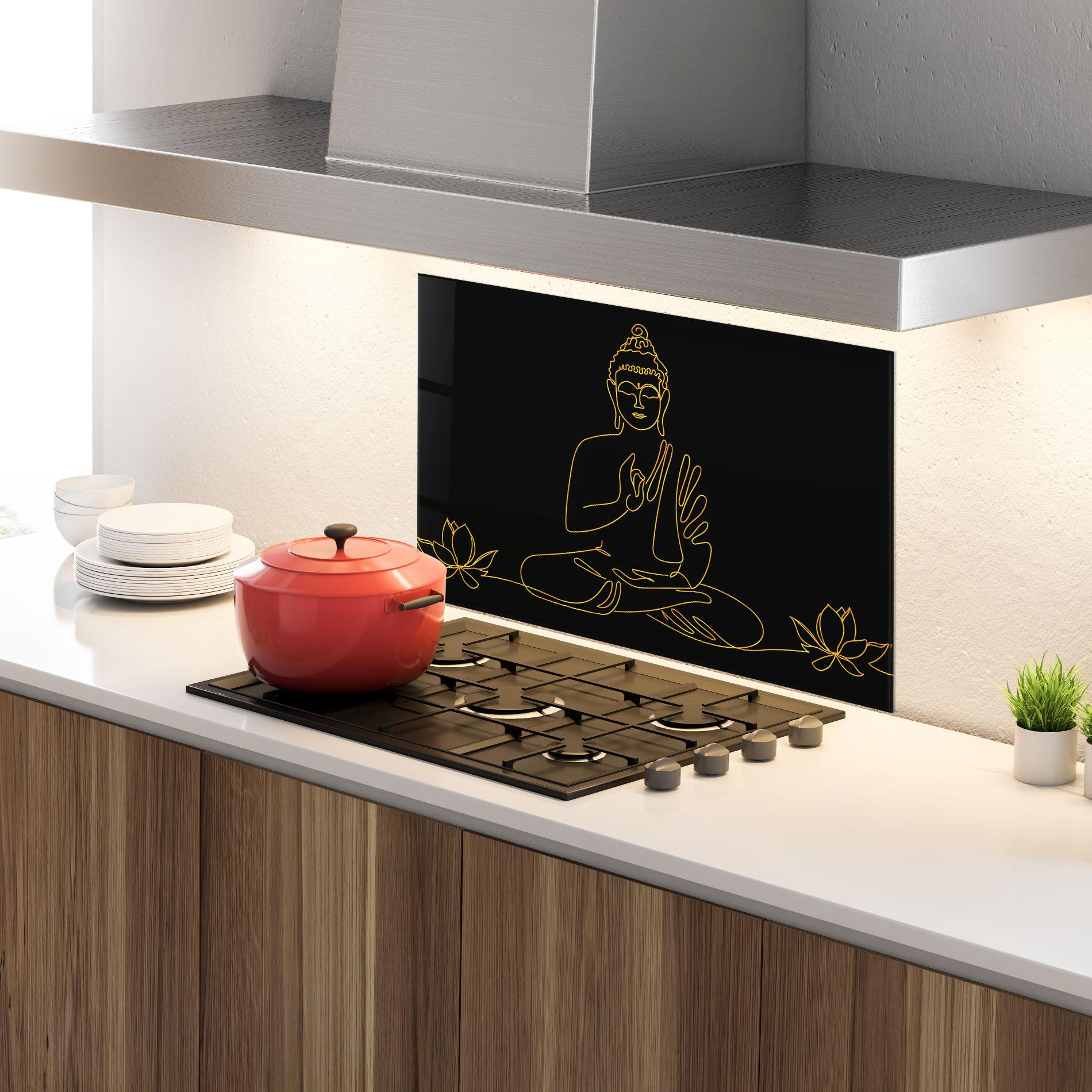 Küchenrückwand Glas Buddha Gold Line mockup 4