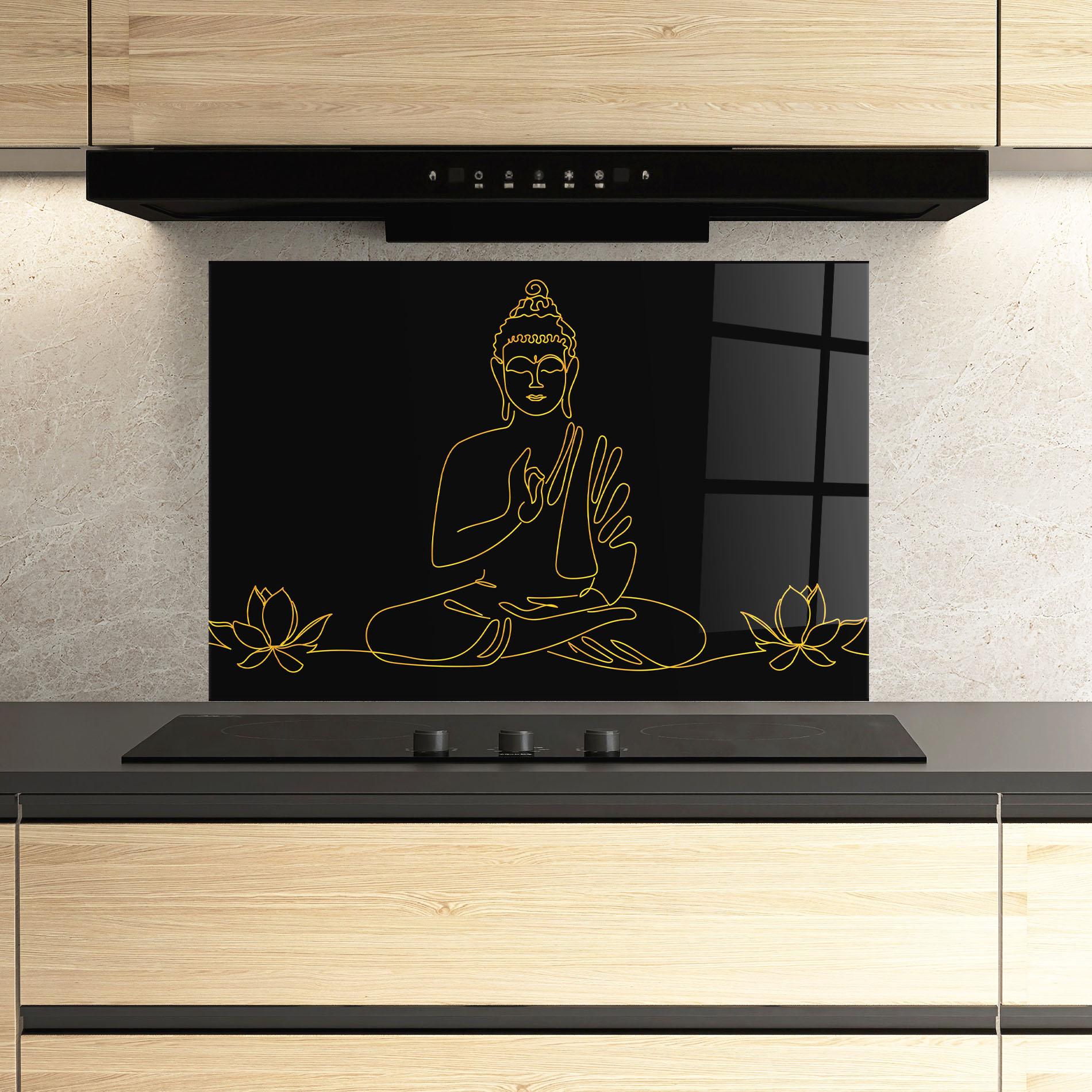 Küchenrückwand Glas Buddha Gold Line mockup 3