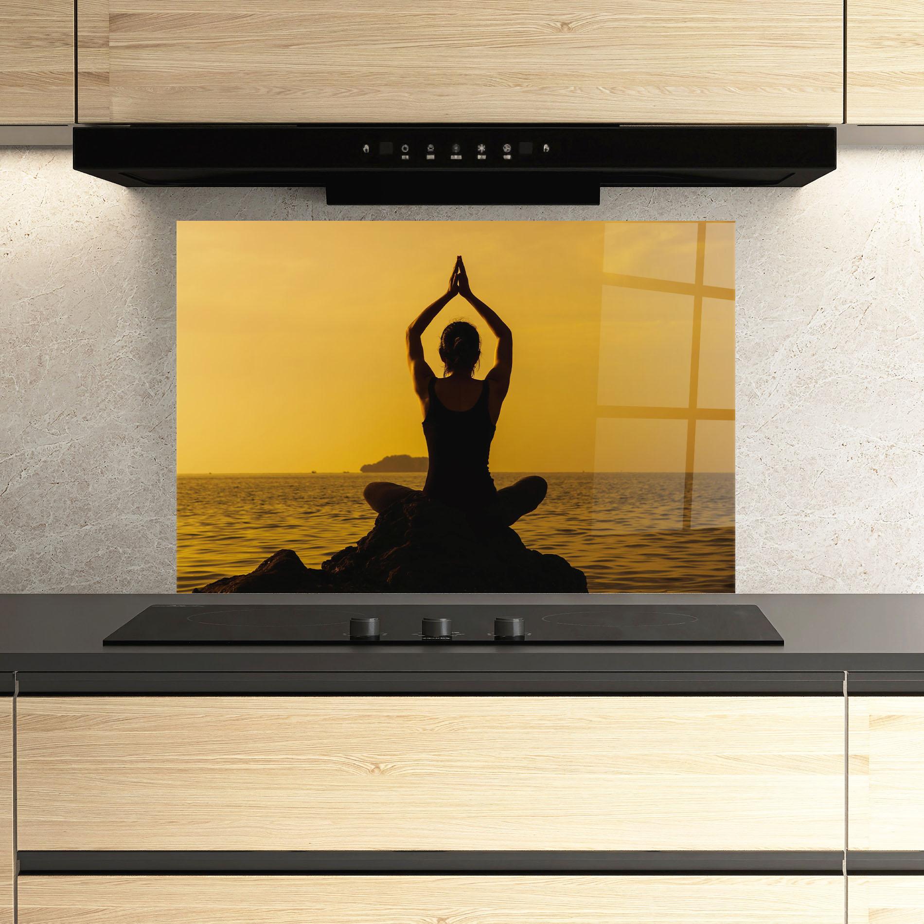 Küchenrückwand Glas Meditation On Sunset mockup 3