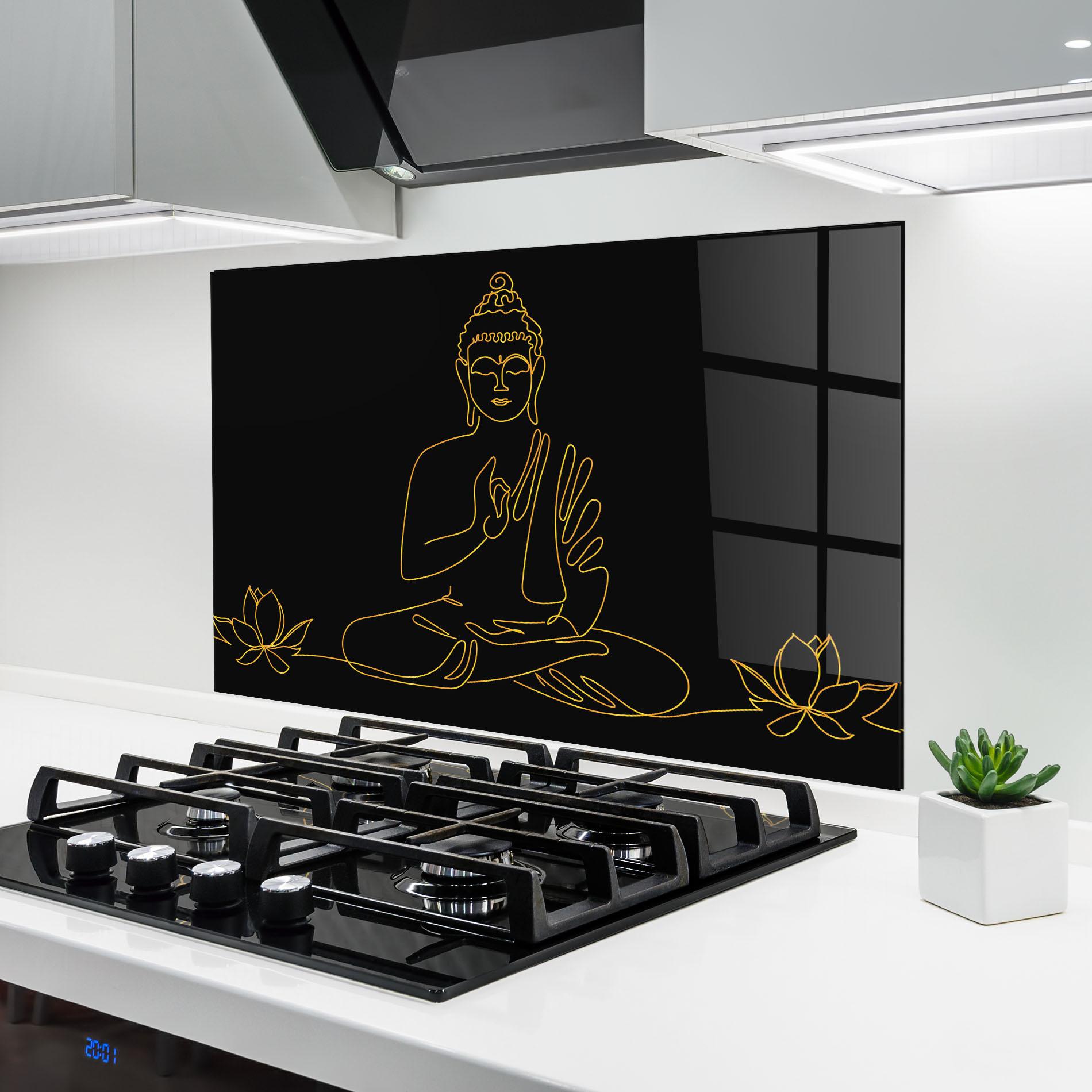 Küchenrückwand Glas Buddha Gold Line mockup 6