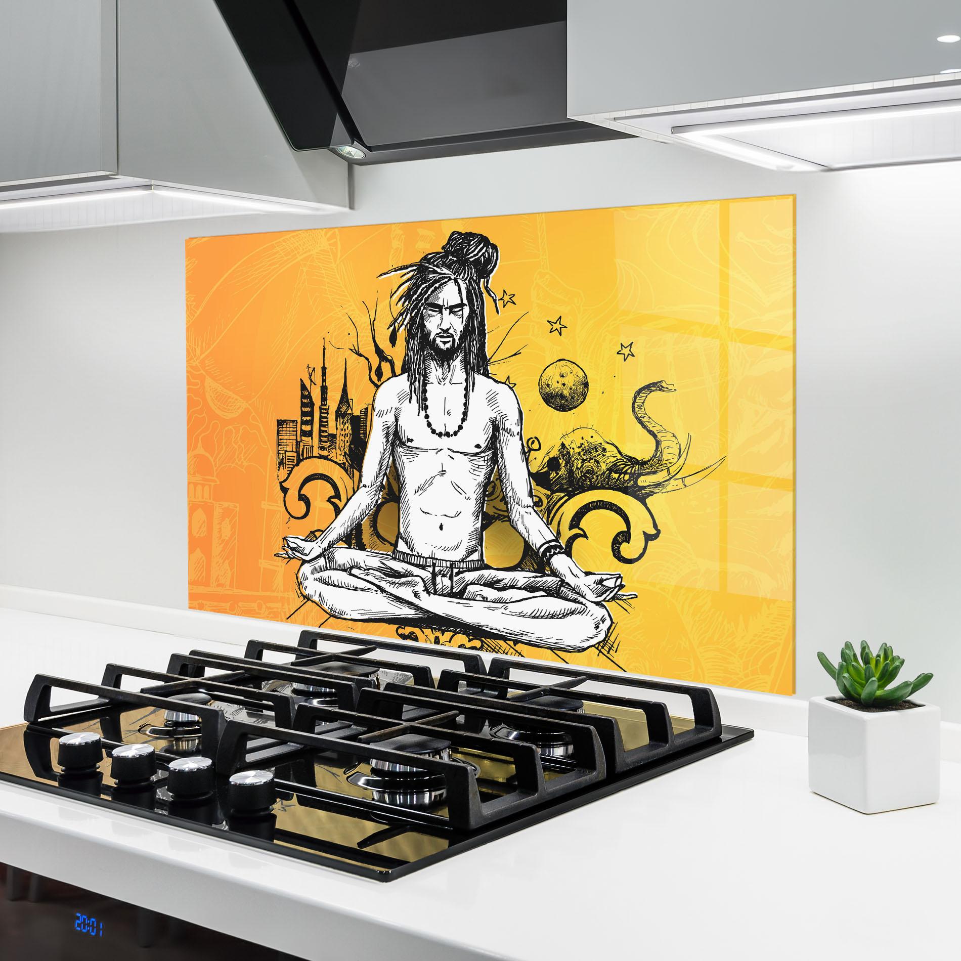 Küchenrückwand Glas Orange Meditation mockup 6