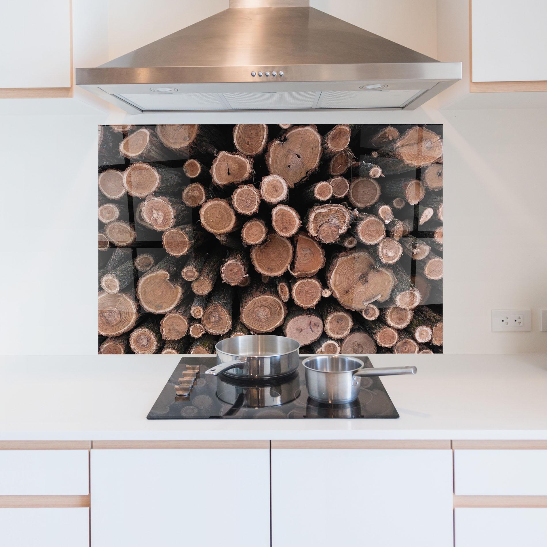 Küchenrückwand Glas Many Logs mockup 5