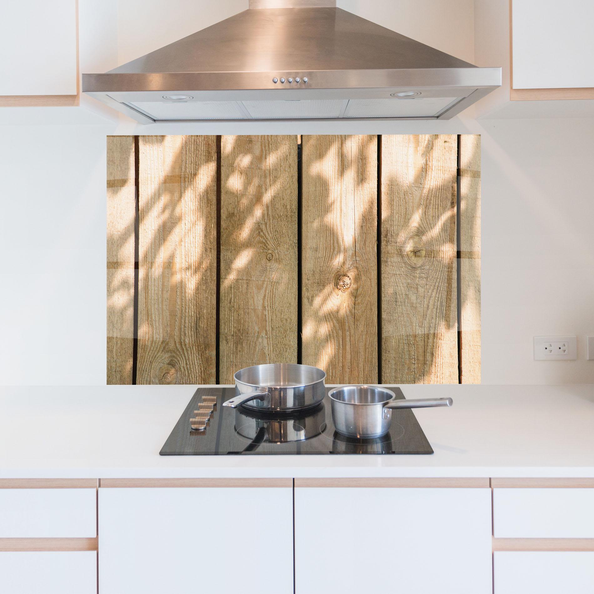 Küchenrückwand Glas Shadows On Wood mockup 5