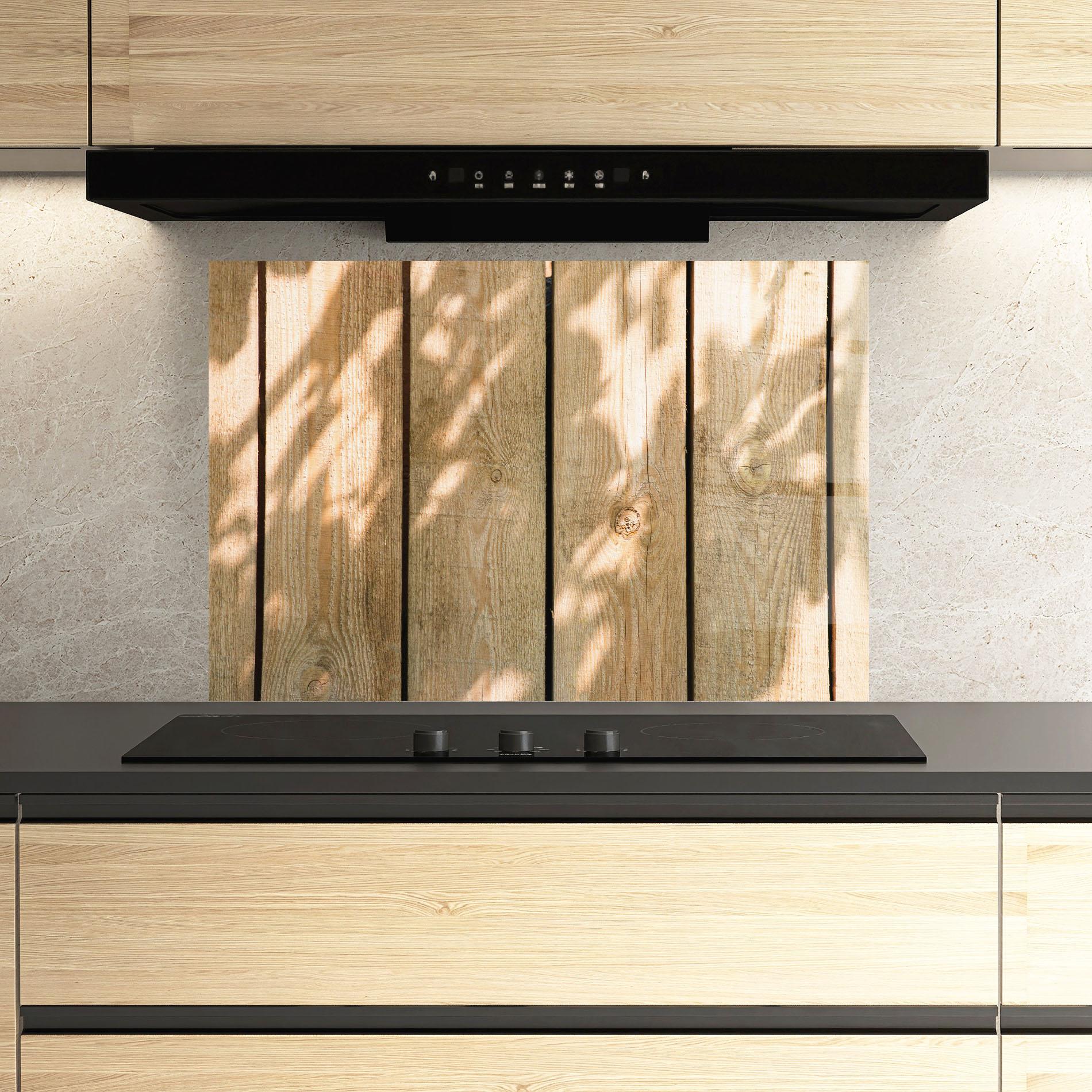 Küchenrückwand Glas Shadows On Wood mockup 3