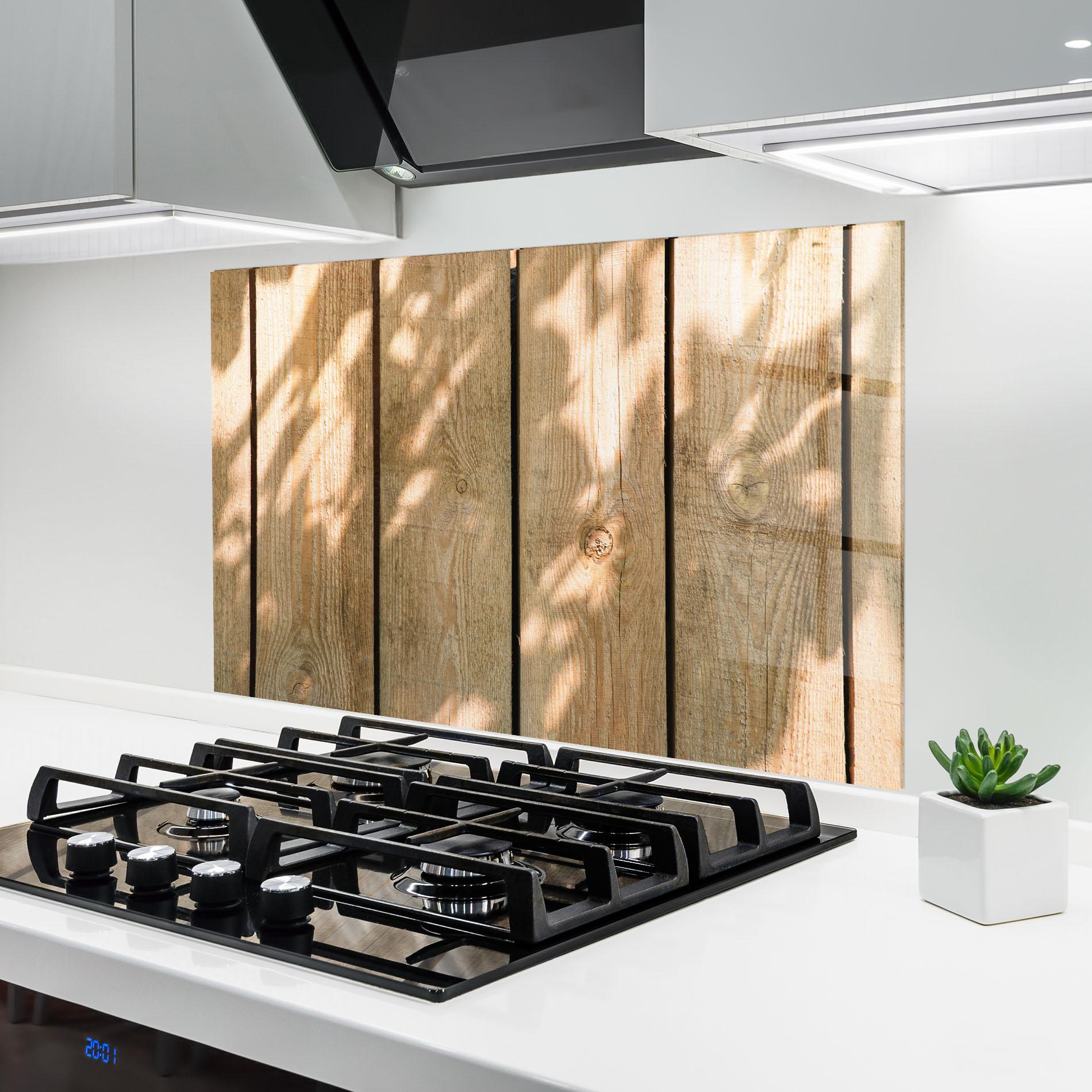 Küchenrückwand Glas Shadows On Wood mockup 6