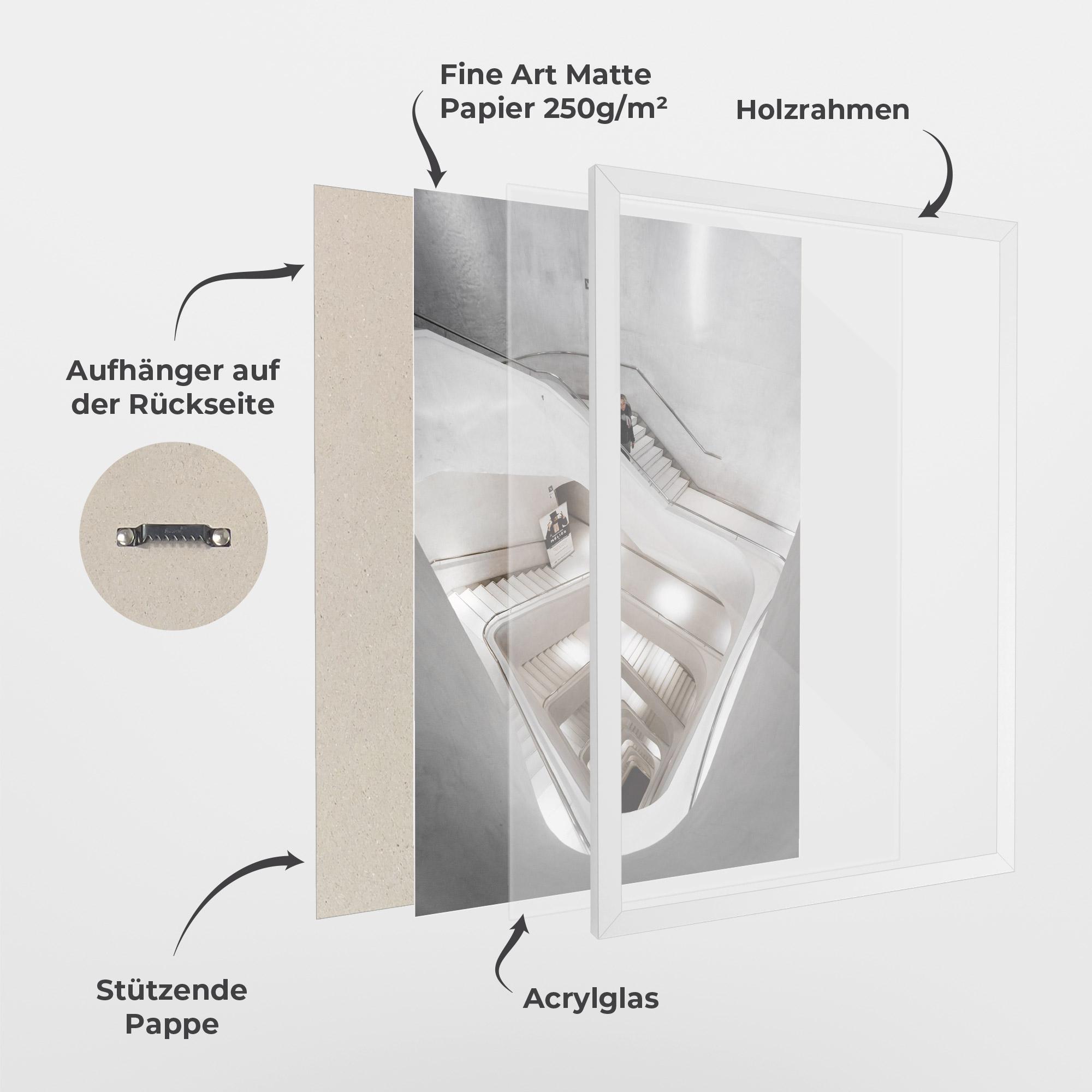 Gerahmte Poster White Stairs Spiral mockup 1