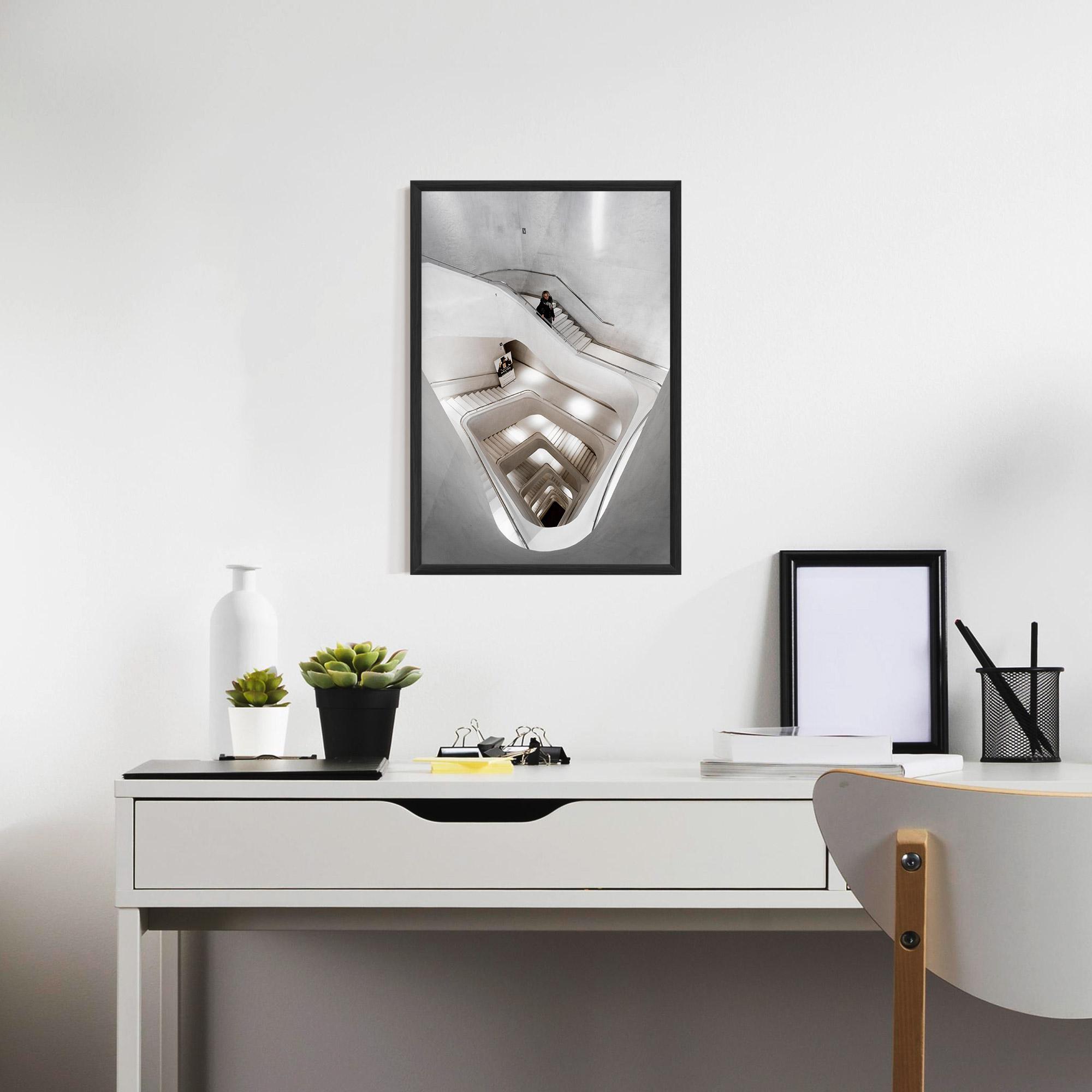 Gerahmte Poster White Stairs Spiral mockup 7
