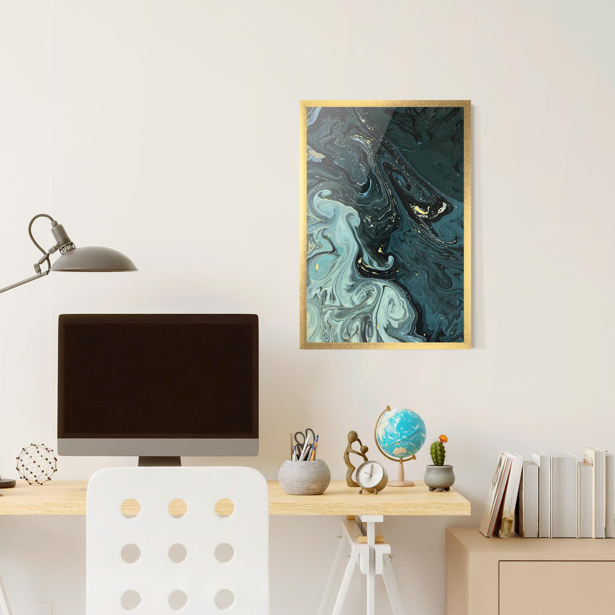 Gerahmte Poster Dark Blue Golden Marble mockup 6