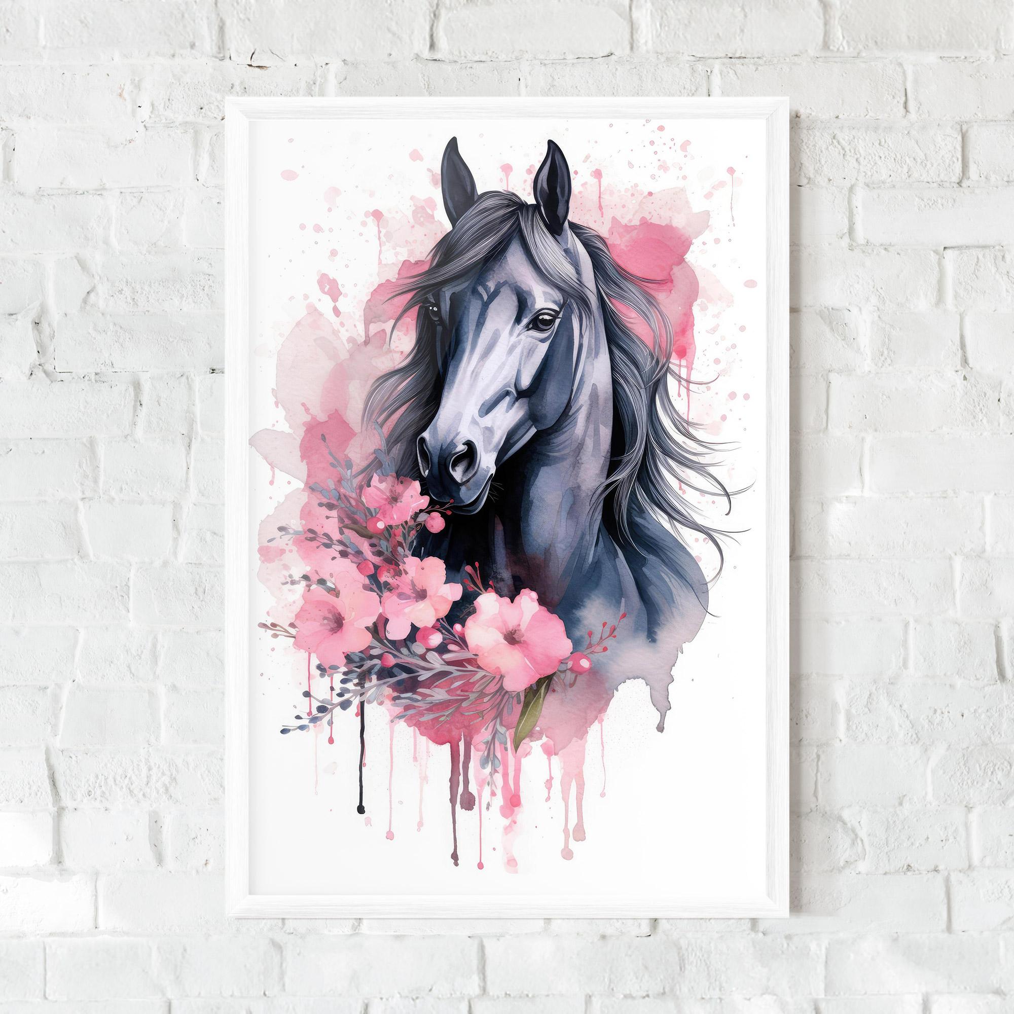 Gerahmte Poster Pink Flowers Horse mockup 0