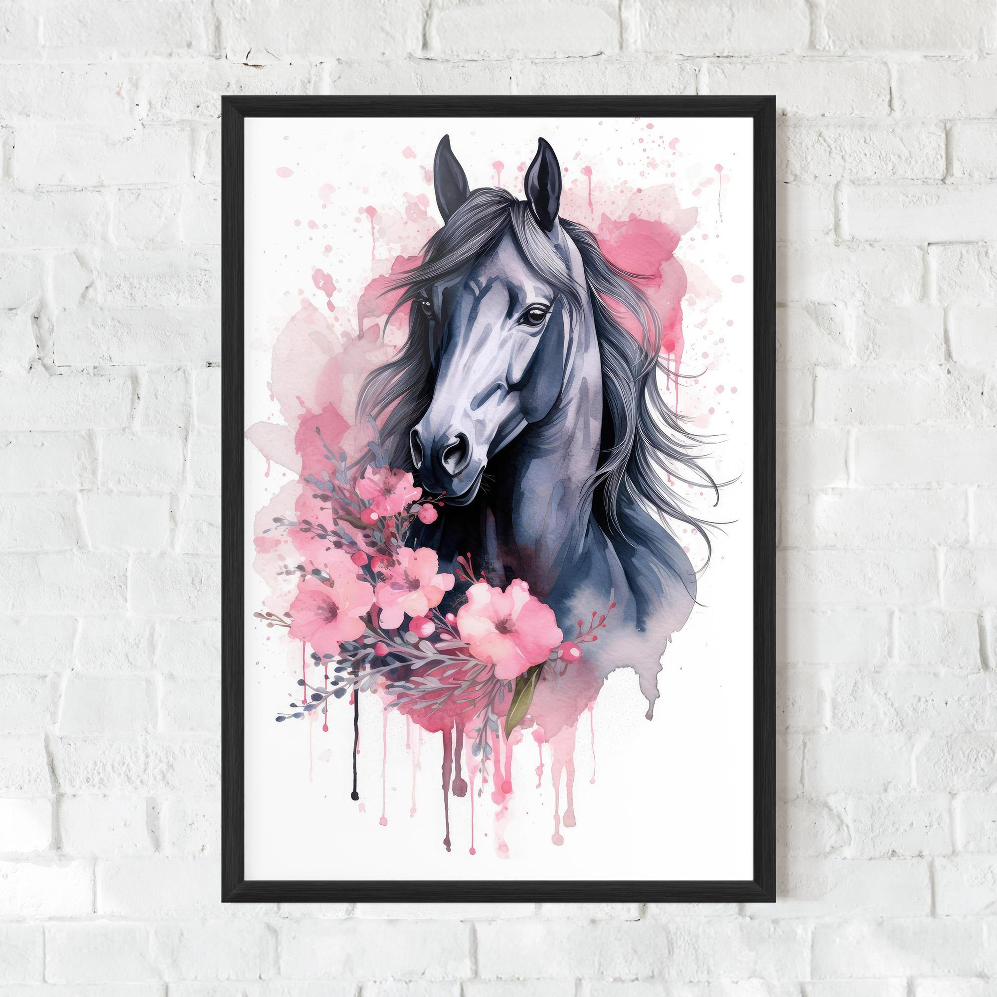 Gerahmte Poster Pink Flowers Horse mockup 0
