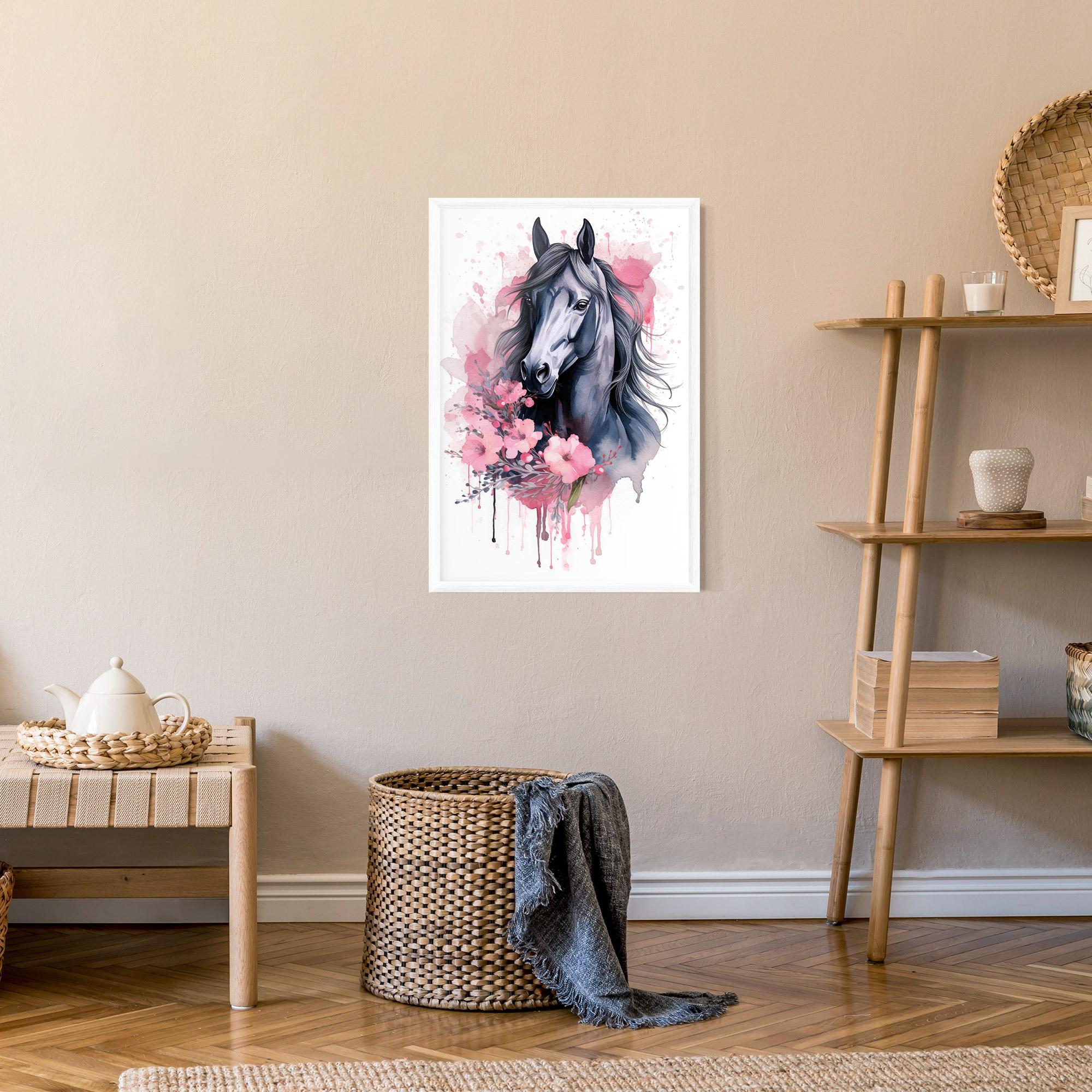 Gerahmte Poster Pink Flowers Horse mockup 9
