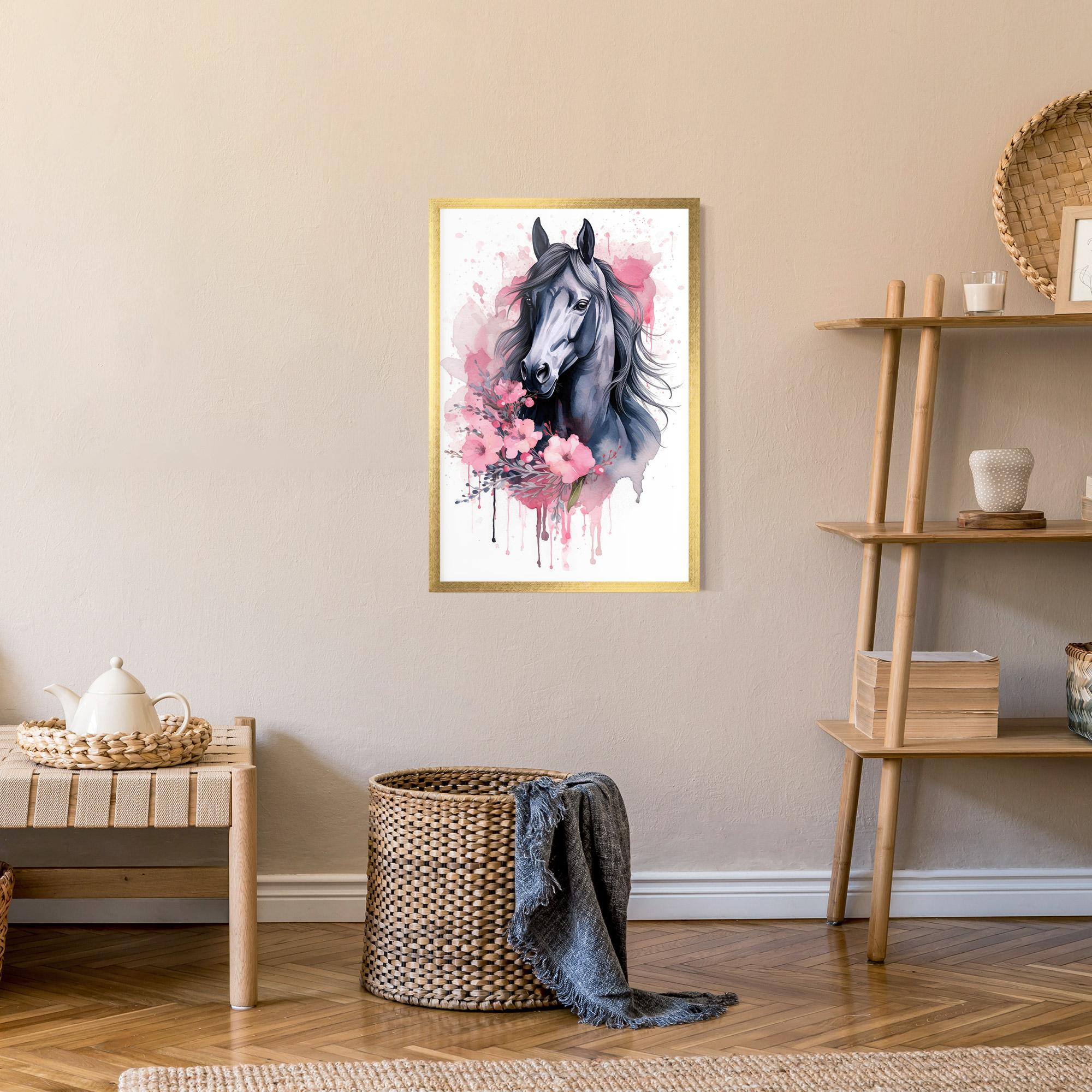 Gerahmte Poster Pink Flowers Horse mockup 9