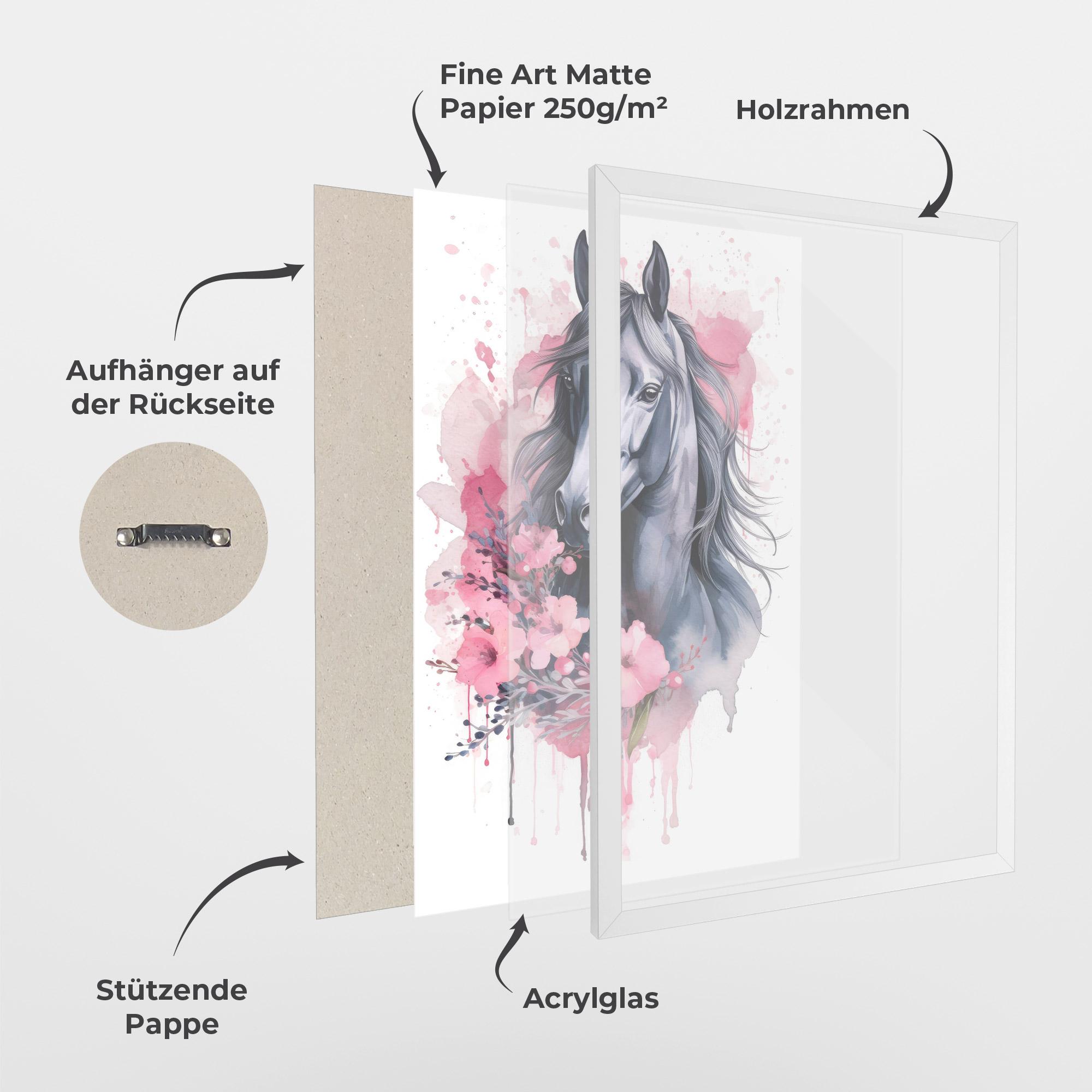 Gerahmte Poster Pink Flowers Horse mockup 1