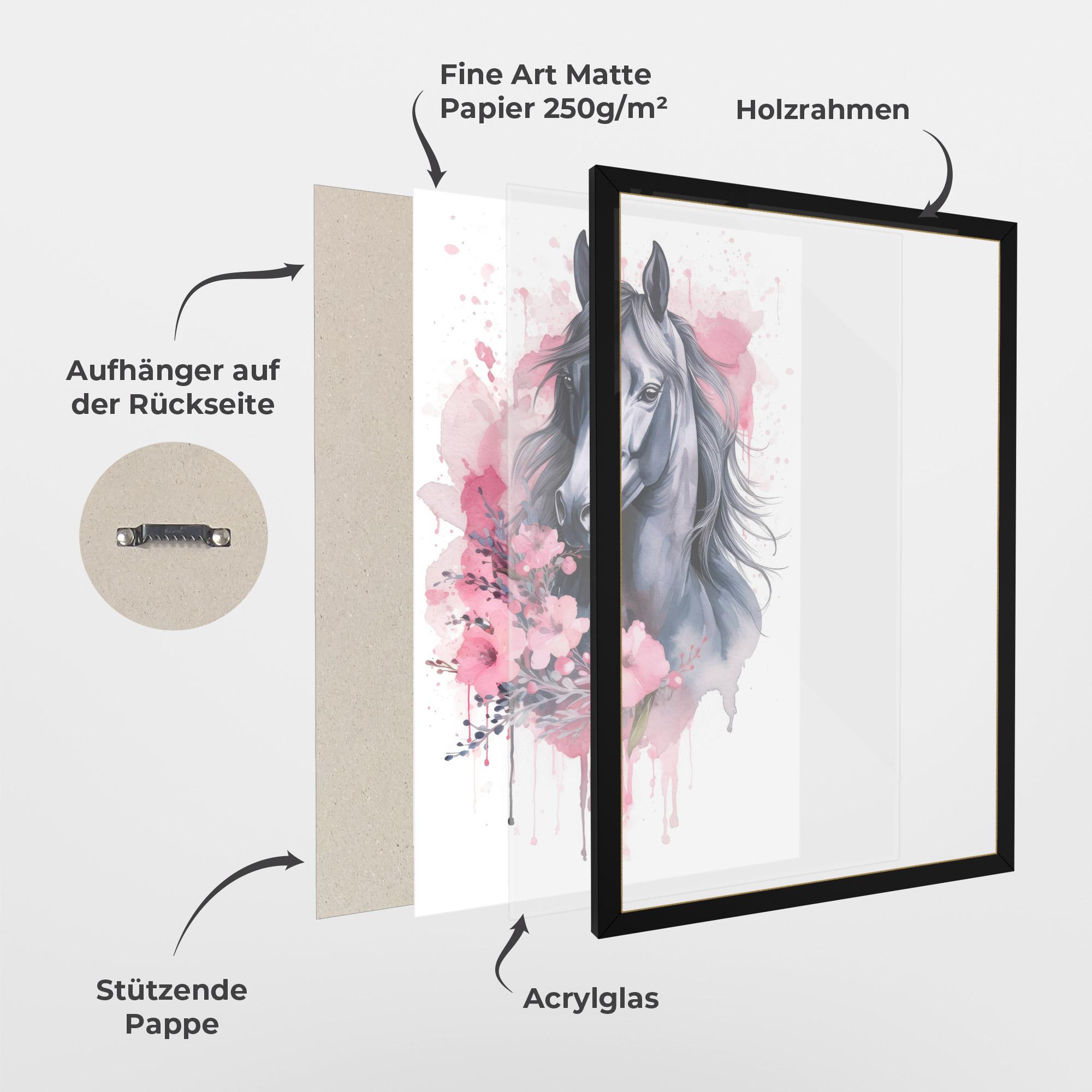 Gerahmte Poster Pink Flowers Horse mockup 1