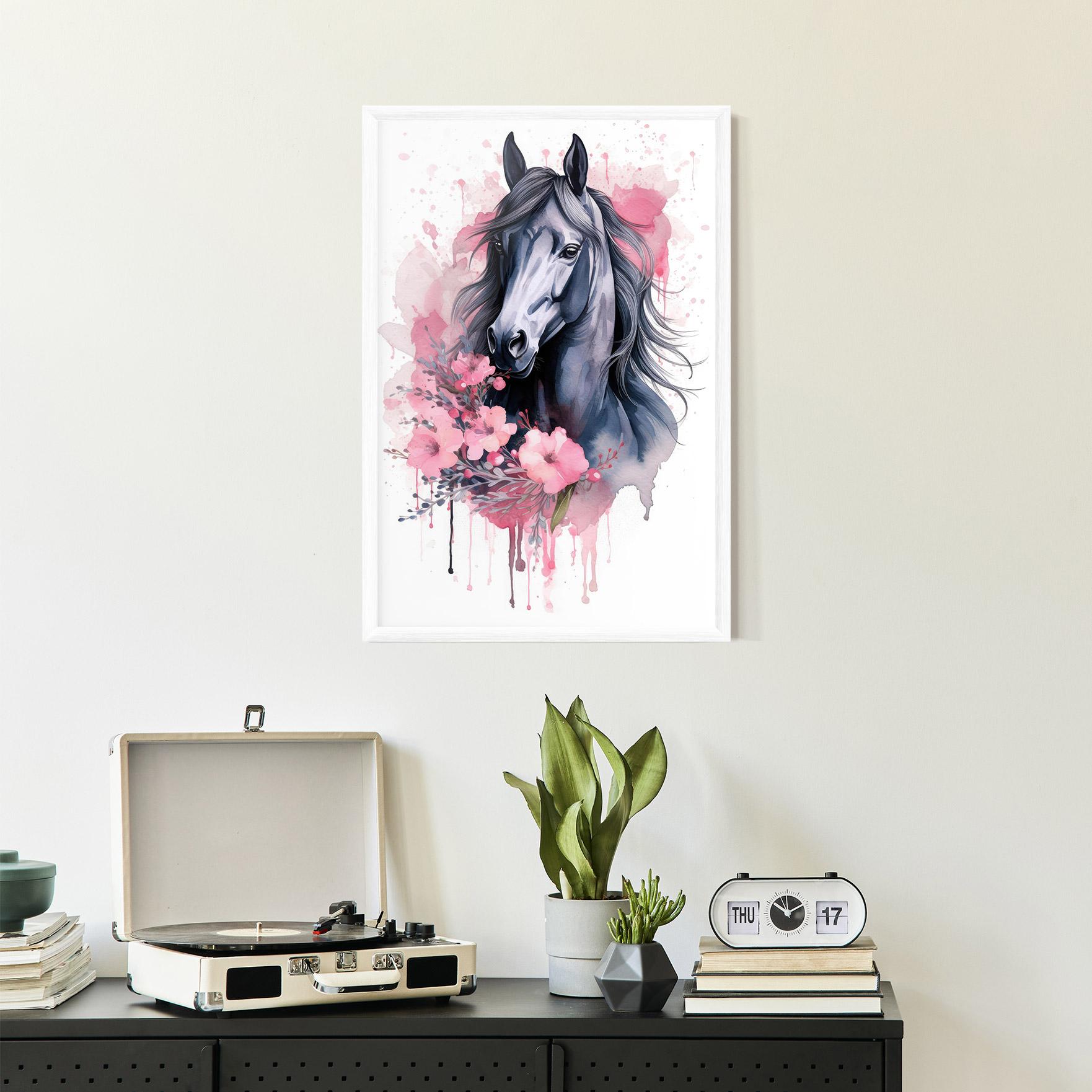 Gerahmte Poster Pink Flowers Horse mockup 2