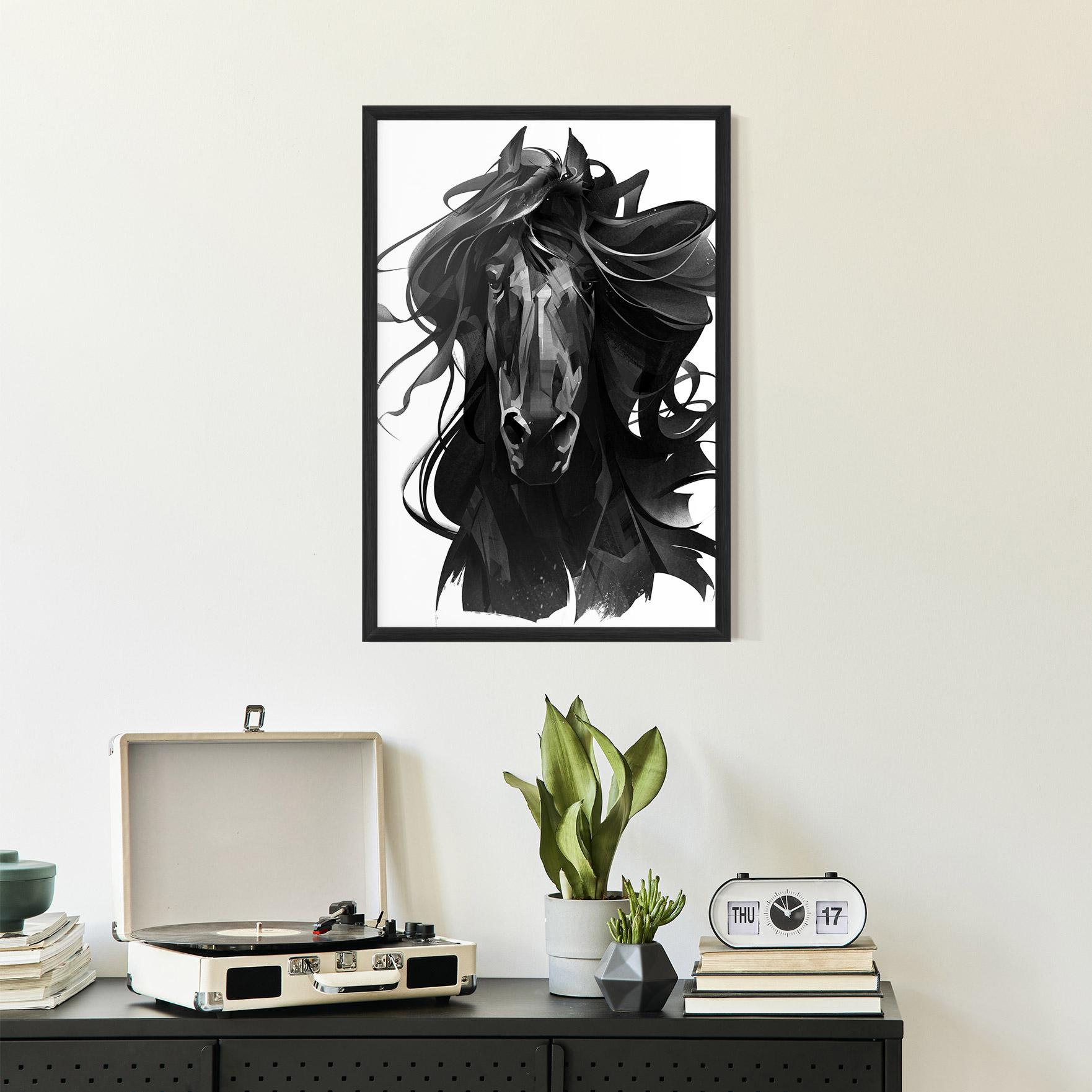 Gerahmte Poster Black Horse Portrait mockup 2