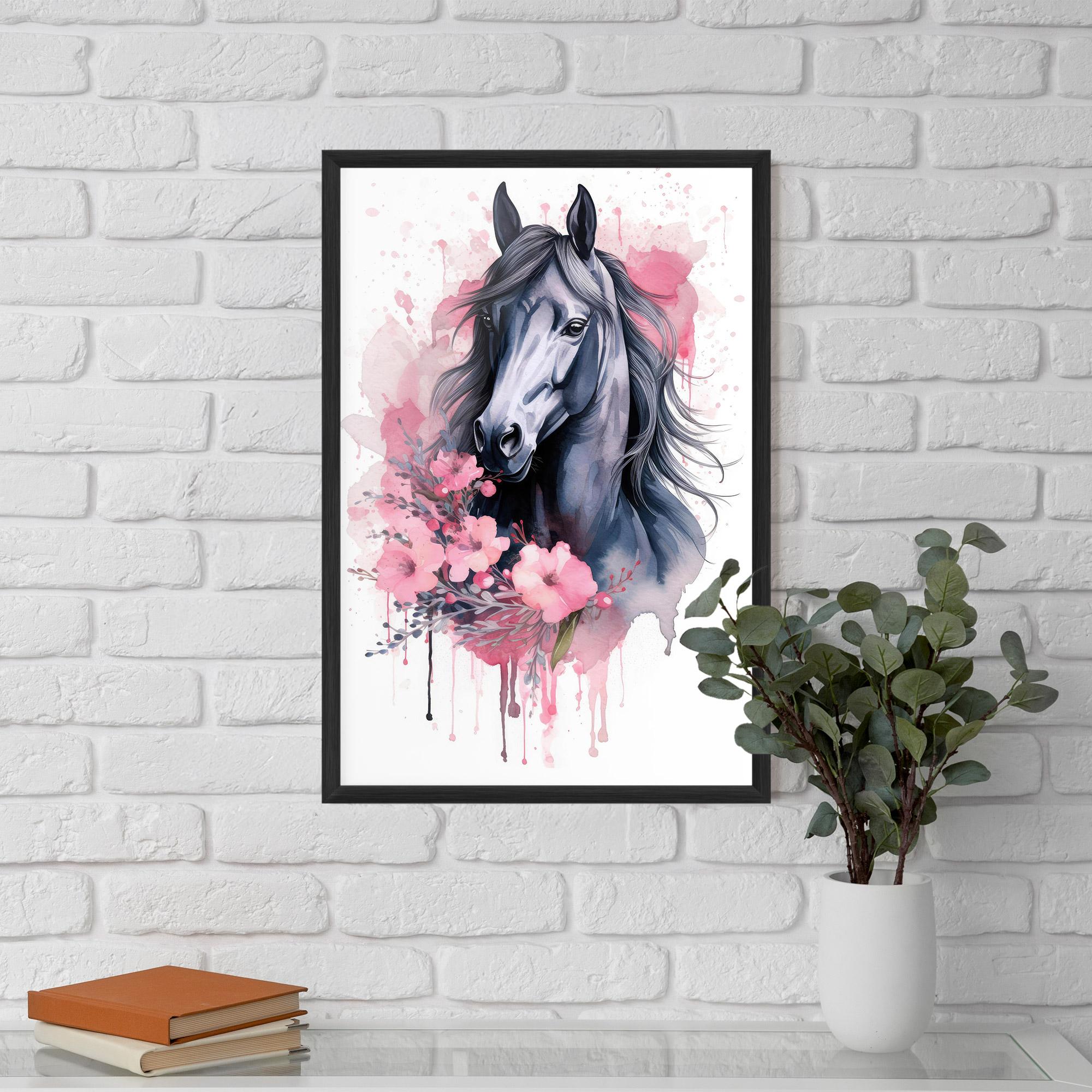 Gerahmte Poster Pink Flowers Horse mockup 5