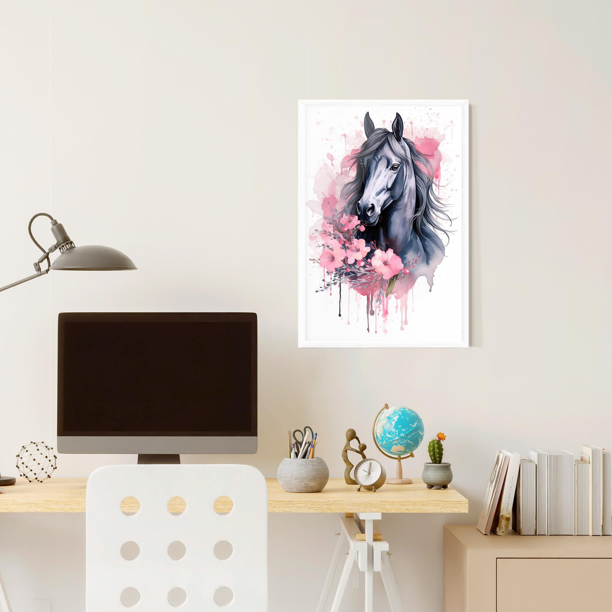 Gerahmte Poster Pink Flowers Horse mockup 6