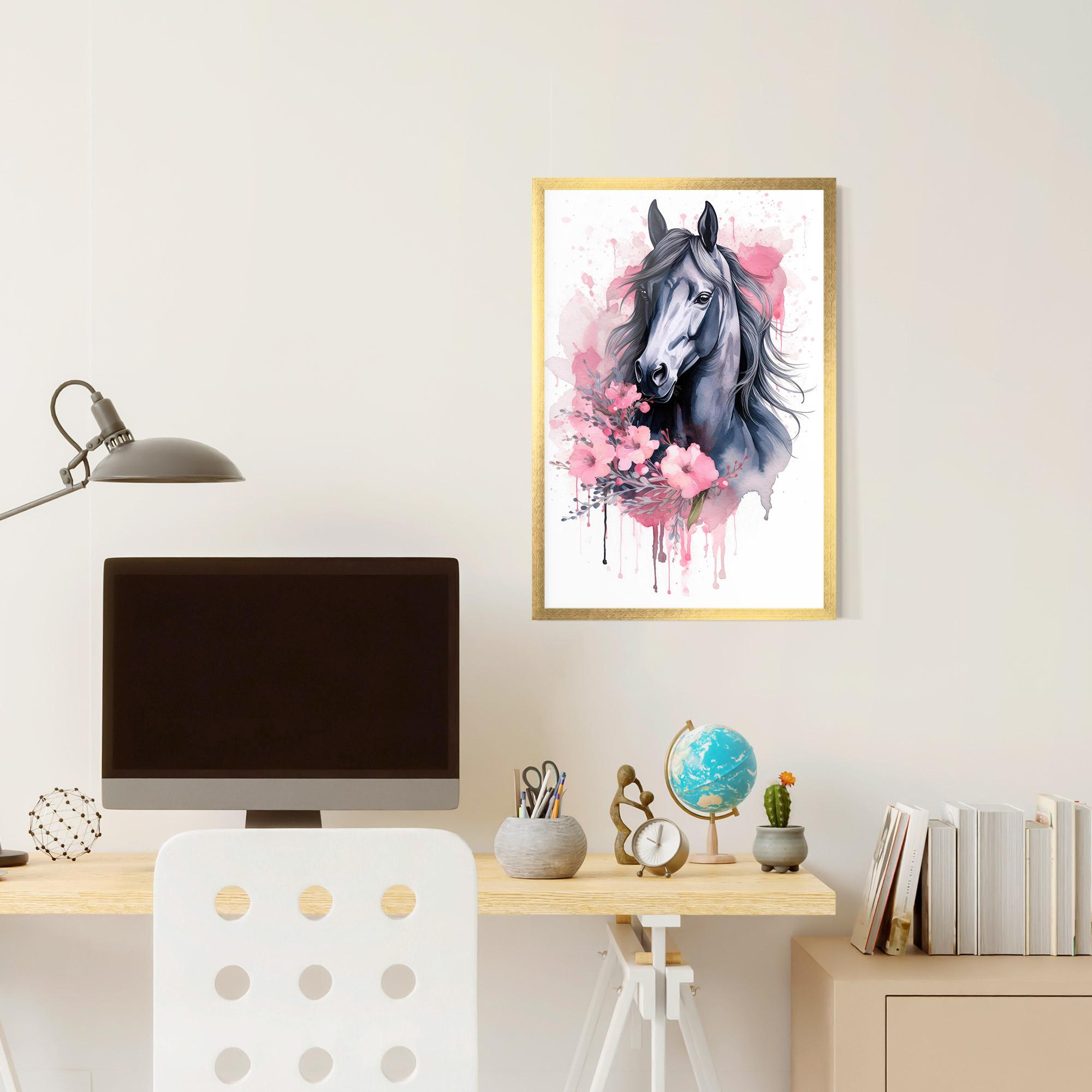 Gerahmte Poster Pink Flowers Horse mockup 6