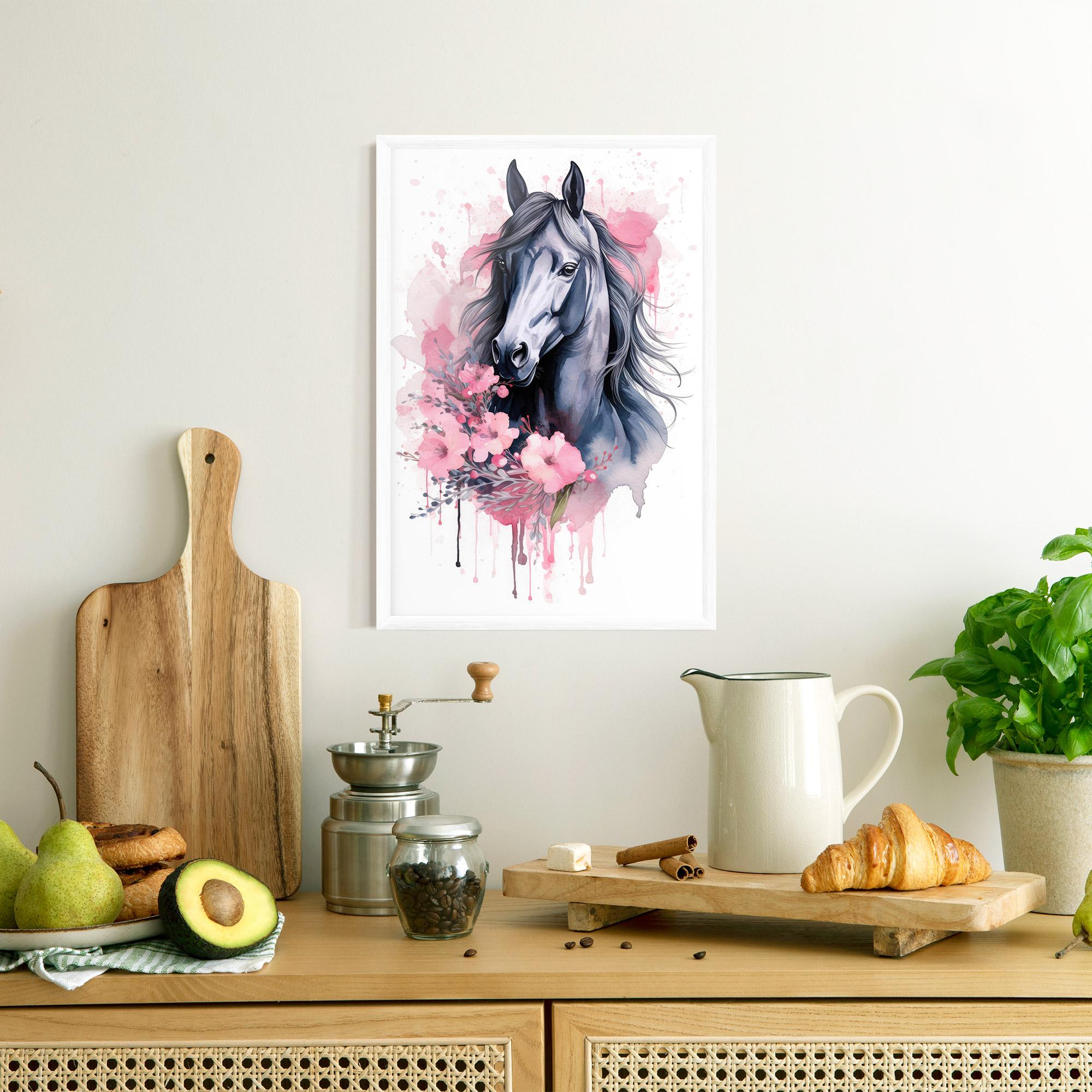 Gerahmte Poster Pink Flowers Horse mockup 8