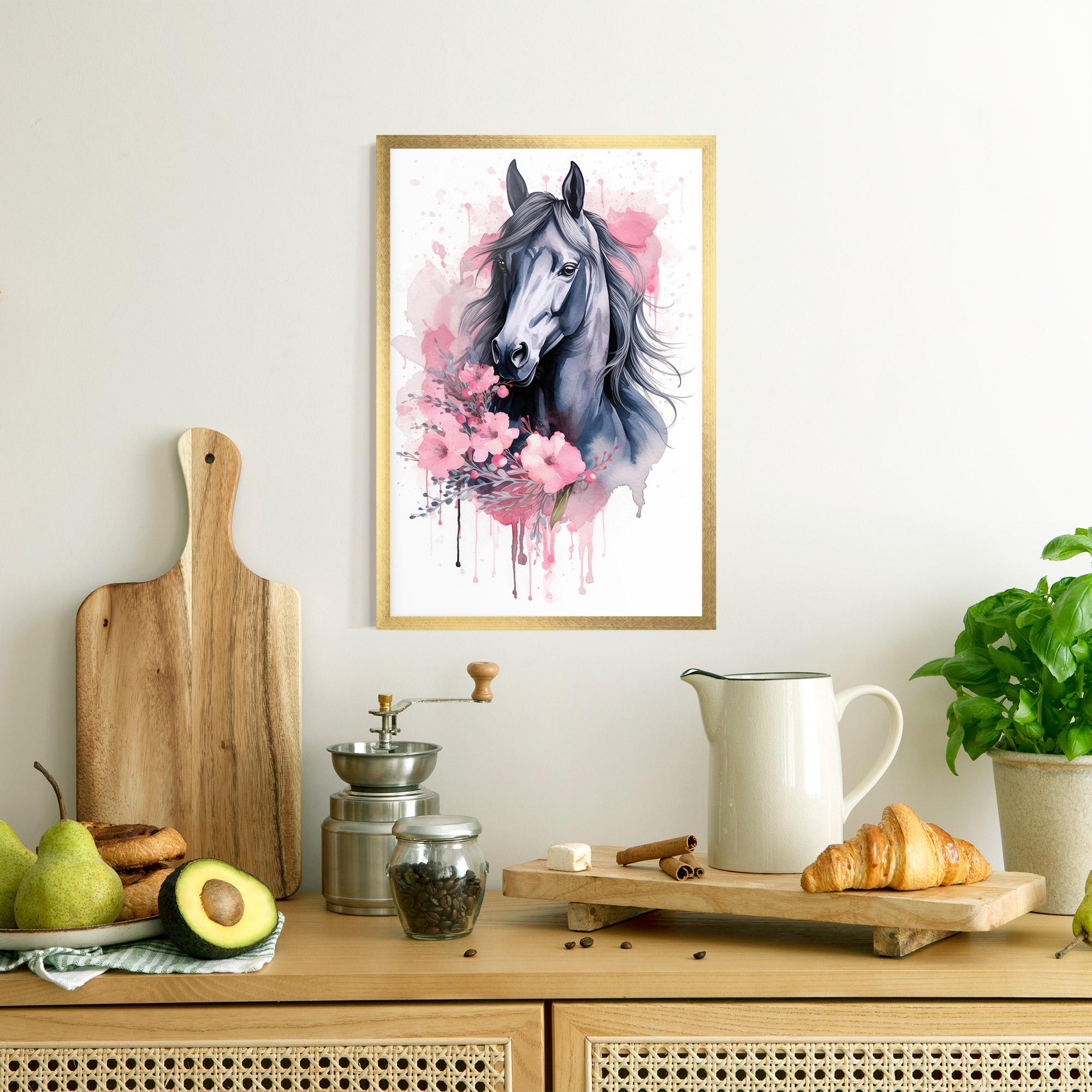 Gerahmte Poster Pink Flowers Horse mockup 8