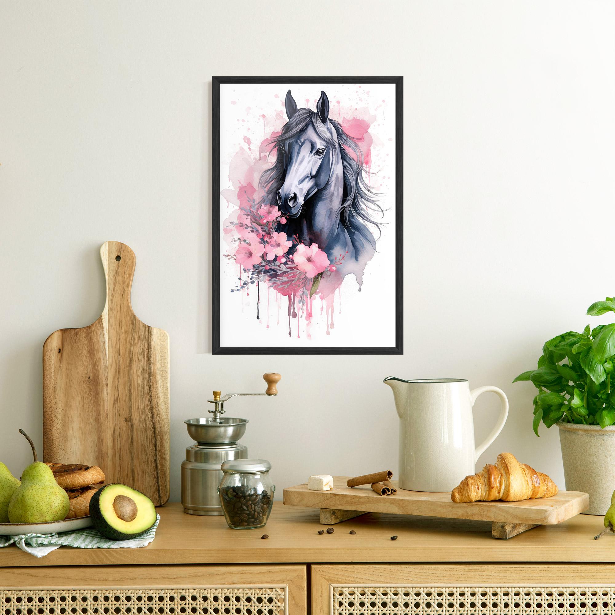 Gerahmte Poster Pink Flowers Horse mockup 8