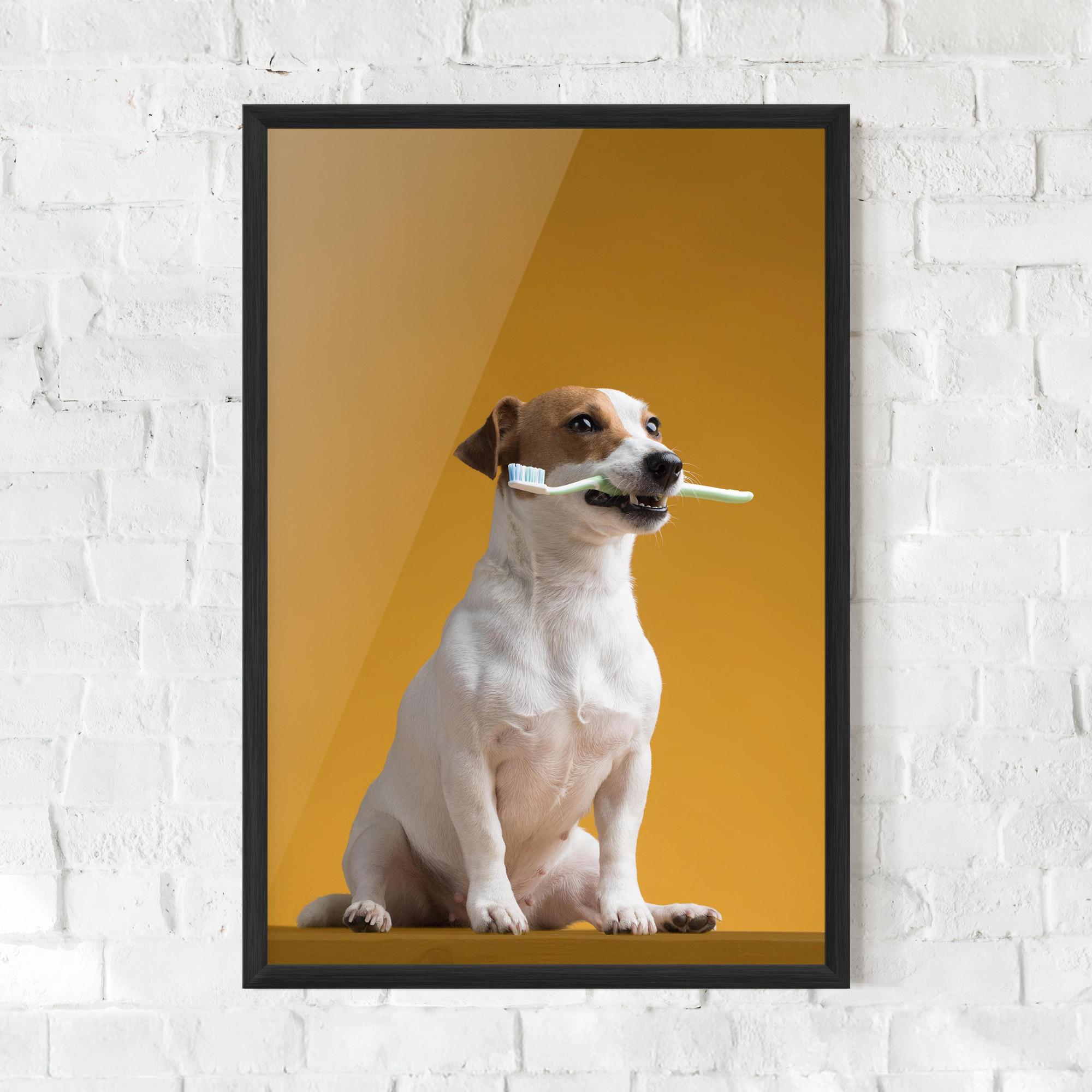 Gerahmte Poster Toothbrush Dog mockup 0