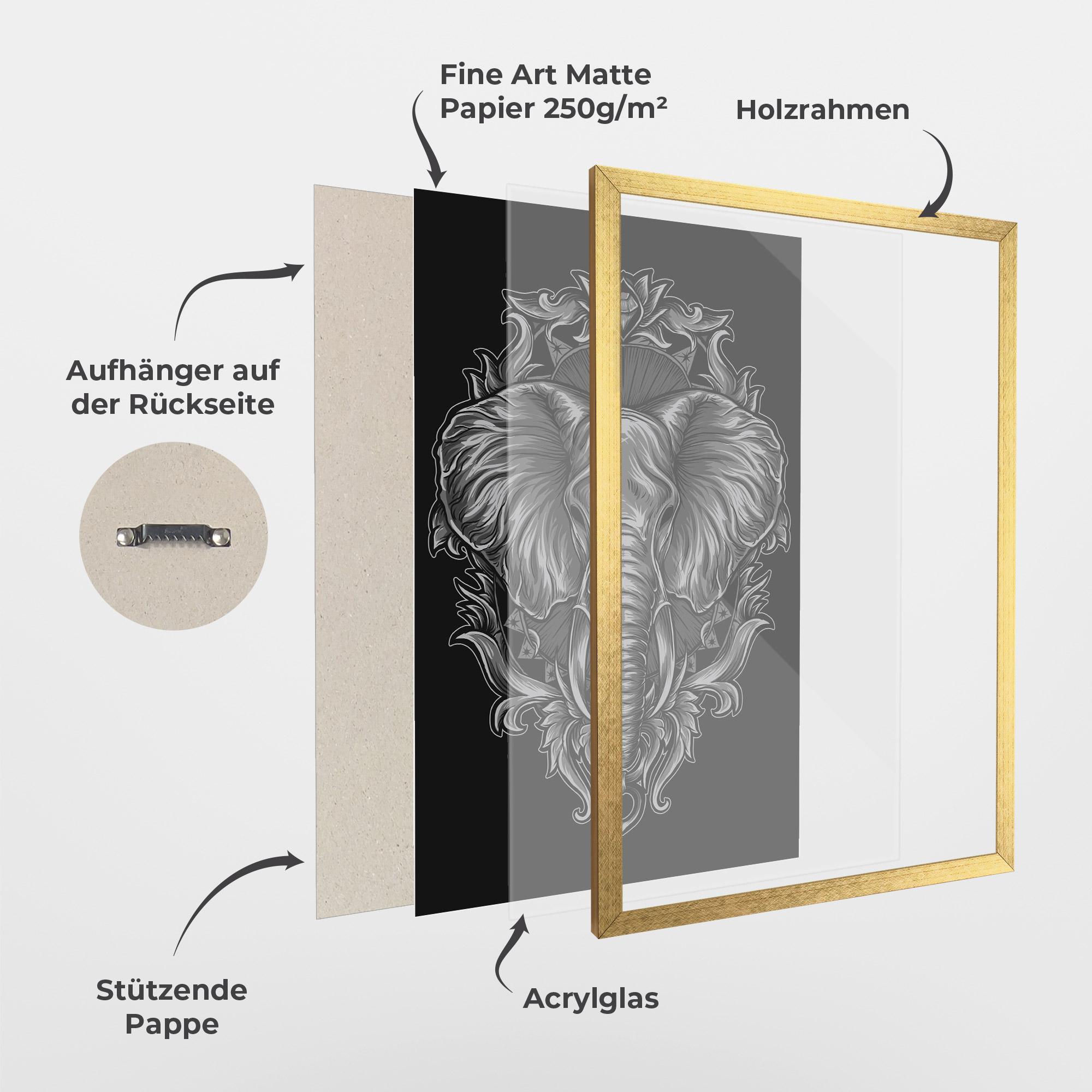 Gerahmte Poster Grey Elephant Head mockup 1