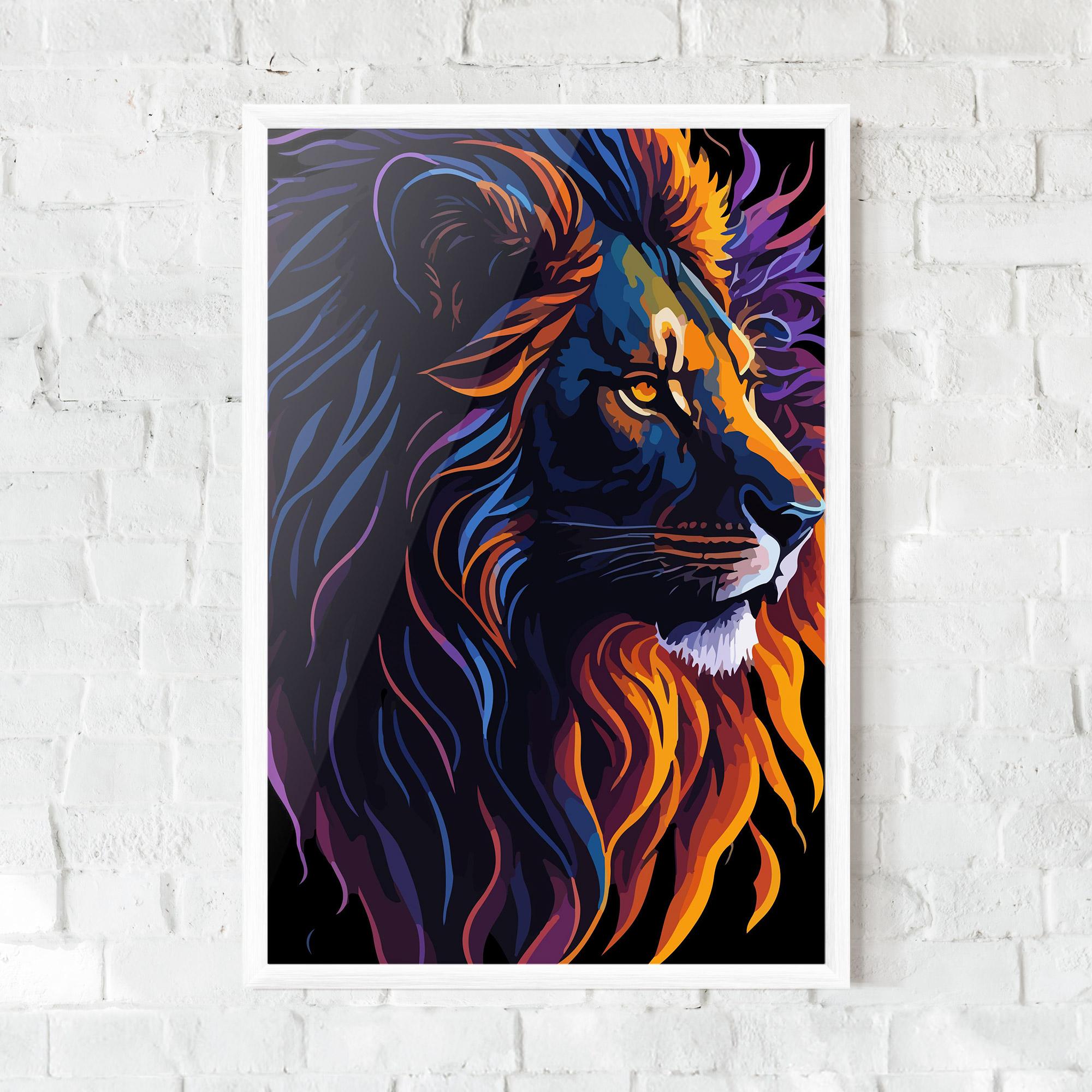 Gerahmte Poster Colorful Lion On Black mockup 0