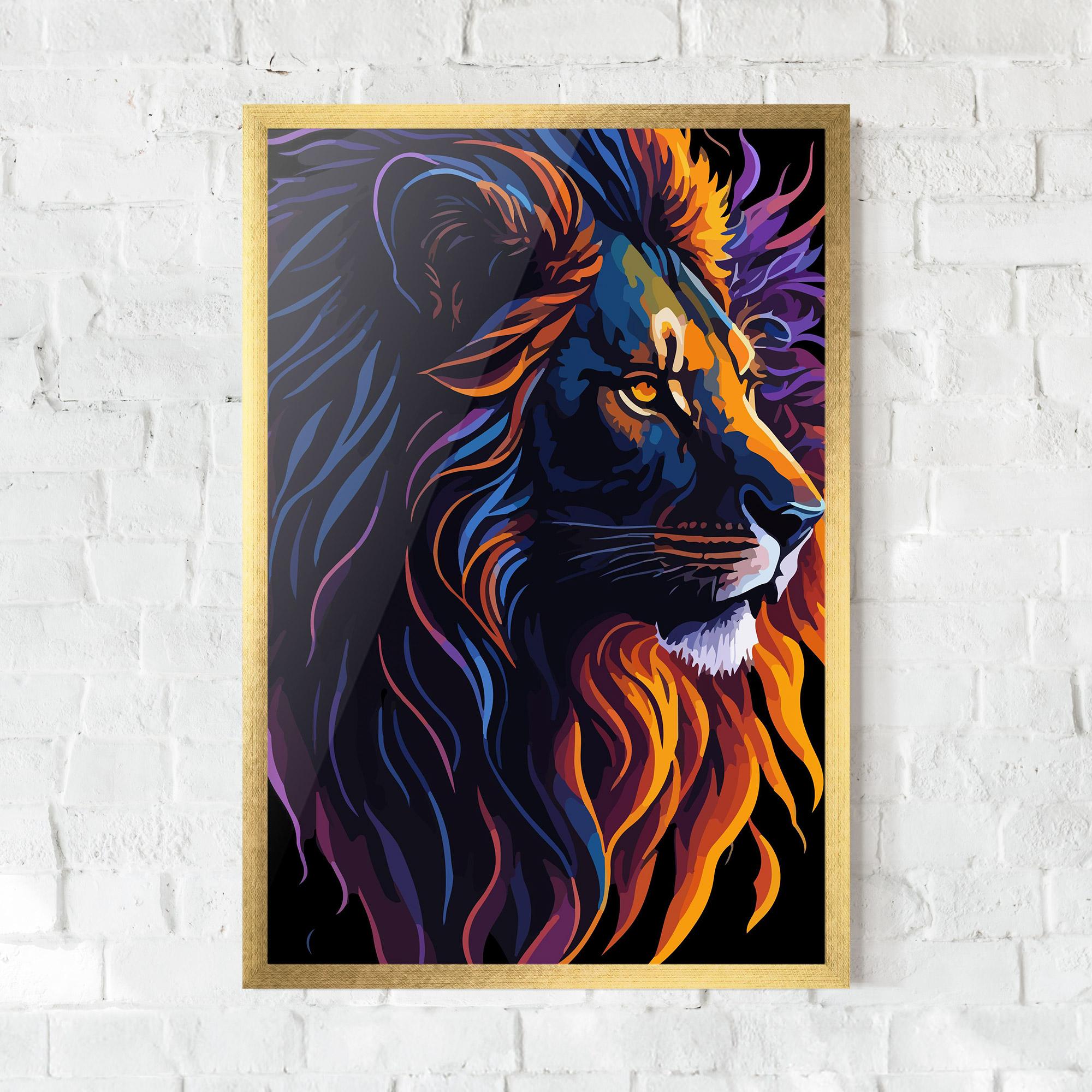 Gerahmte Poster Colorful Lion On Black mockup 0