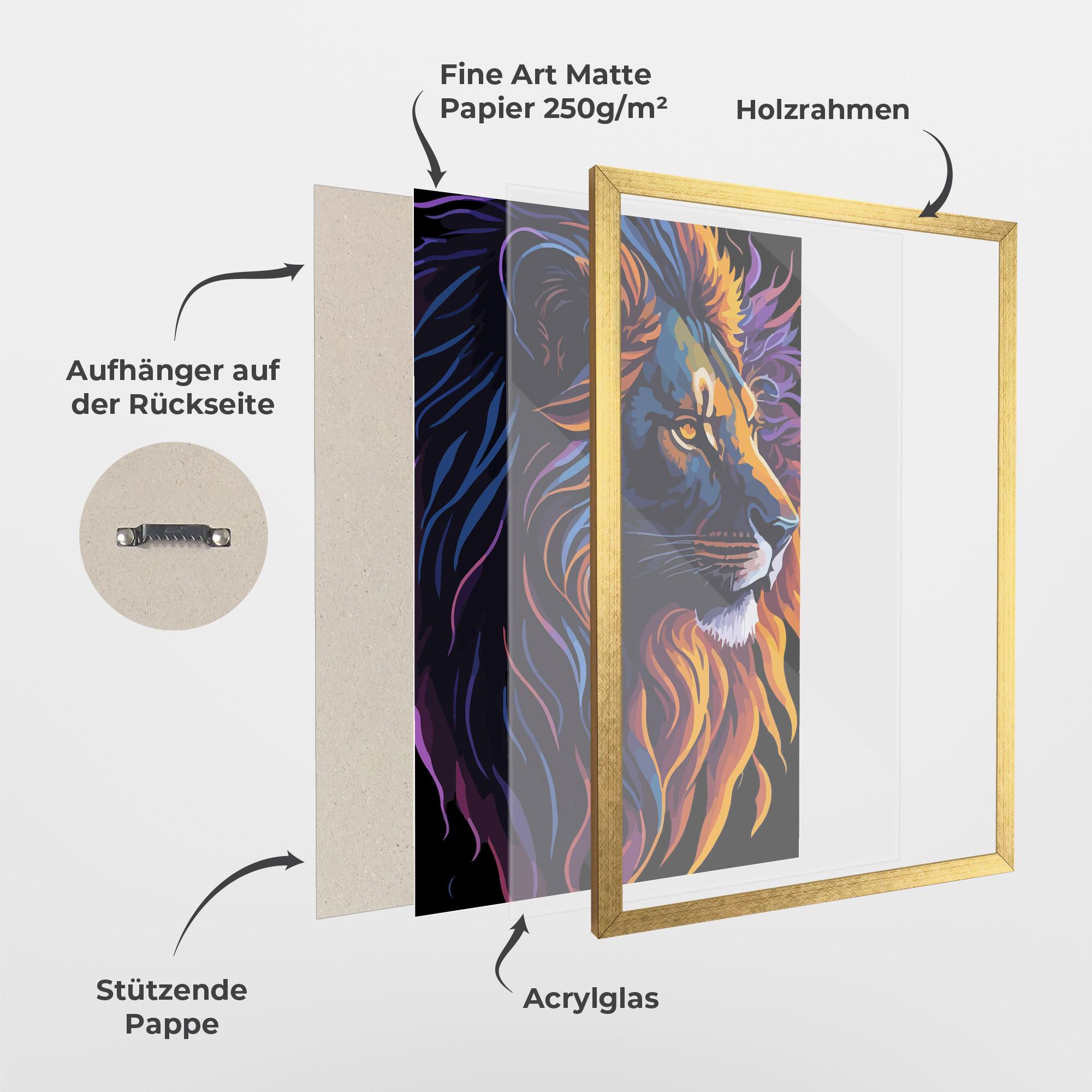 Gerahmte Poster Colorful Lion On Black mockup 1