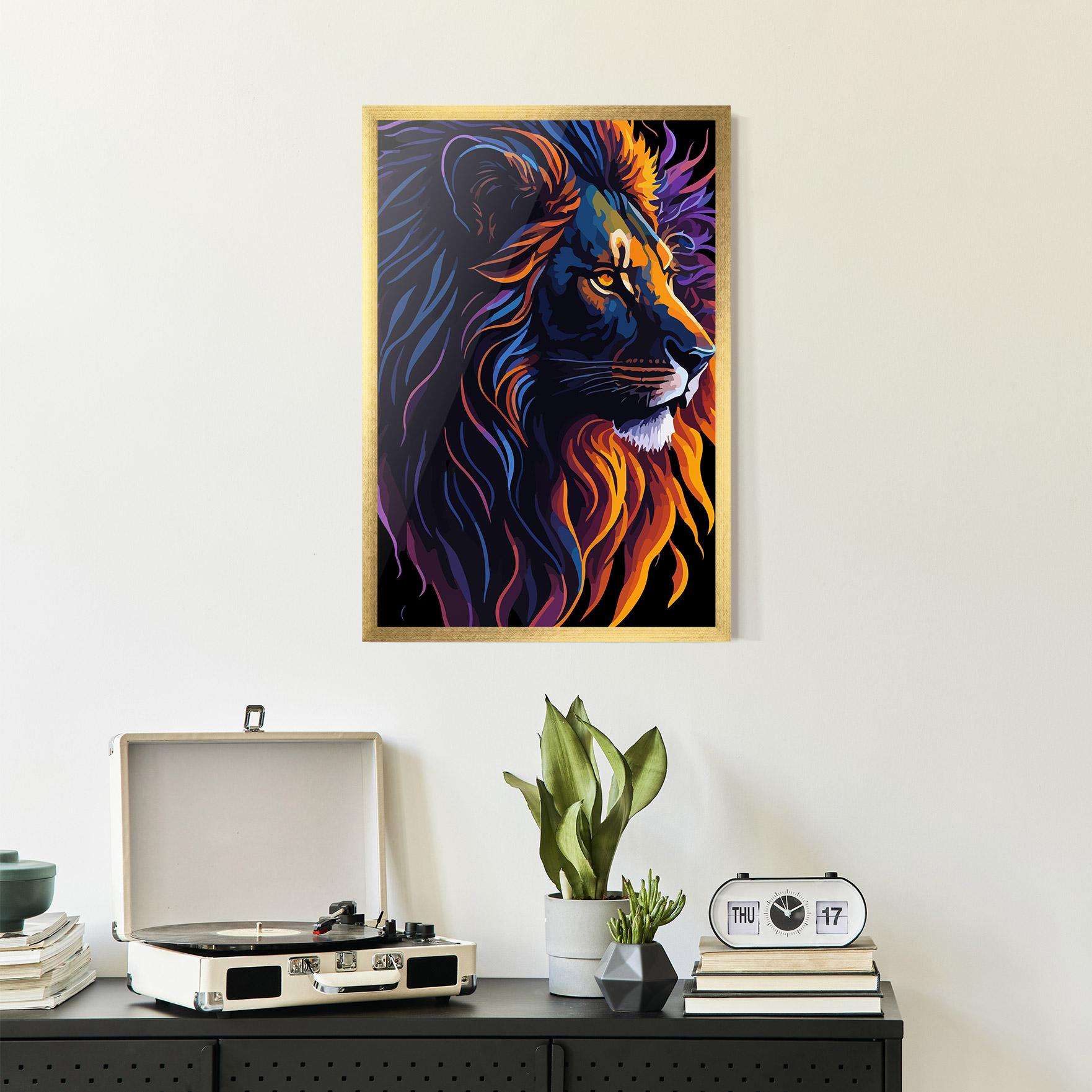 Gerahmte Poster Colorful Lion On Black mockup 2