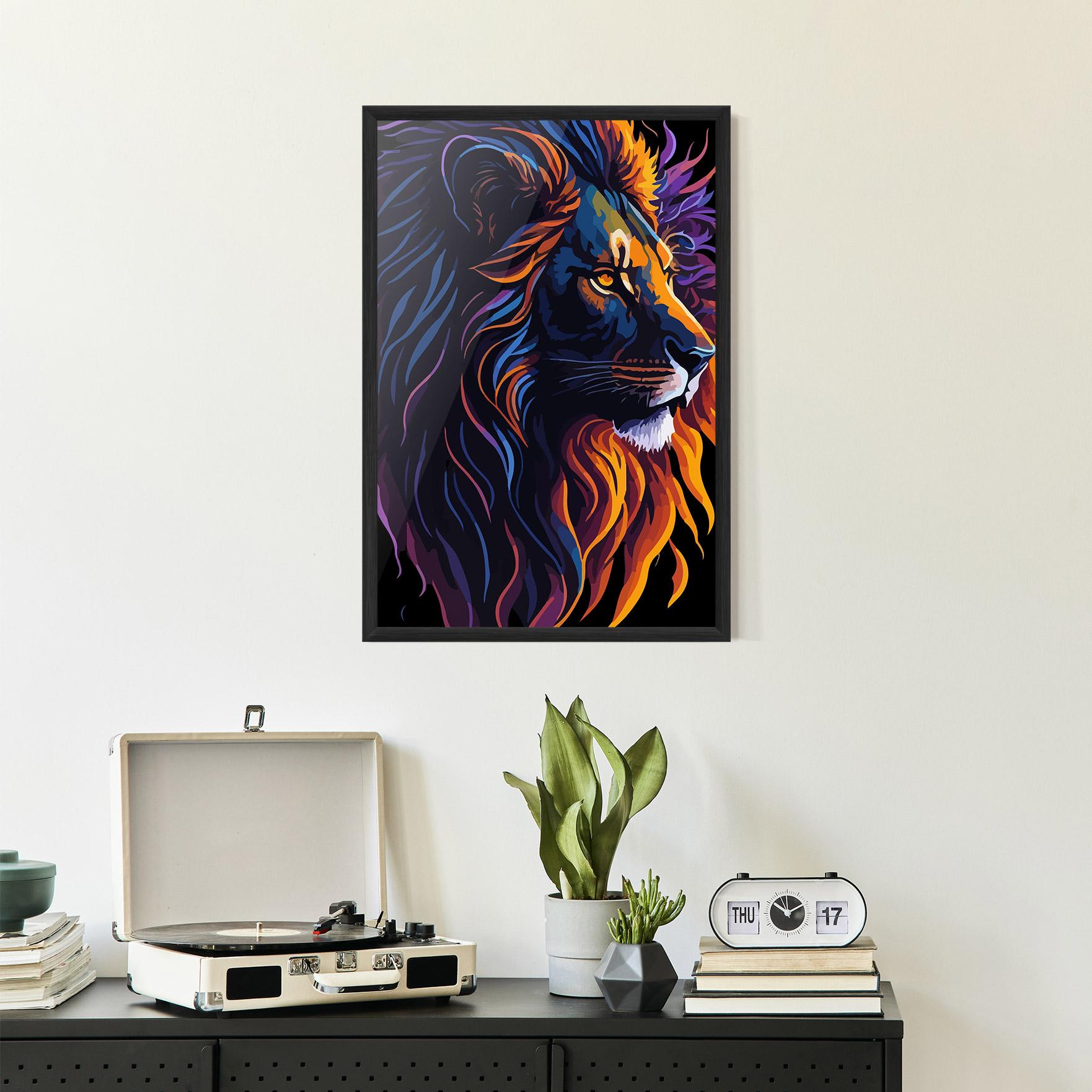Gerahmte Poster Colorful Lion On Black mockup 2