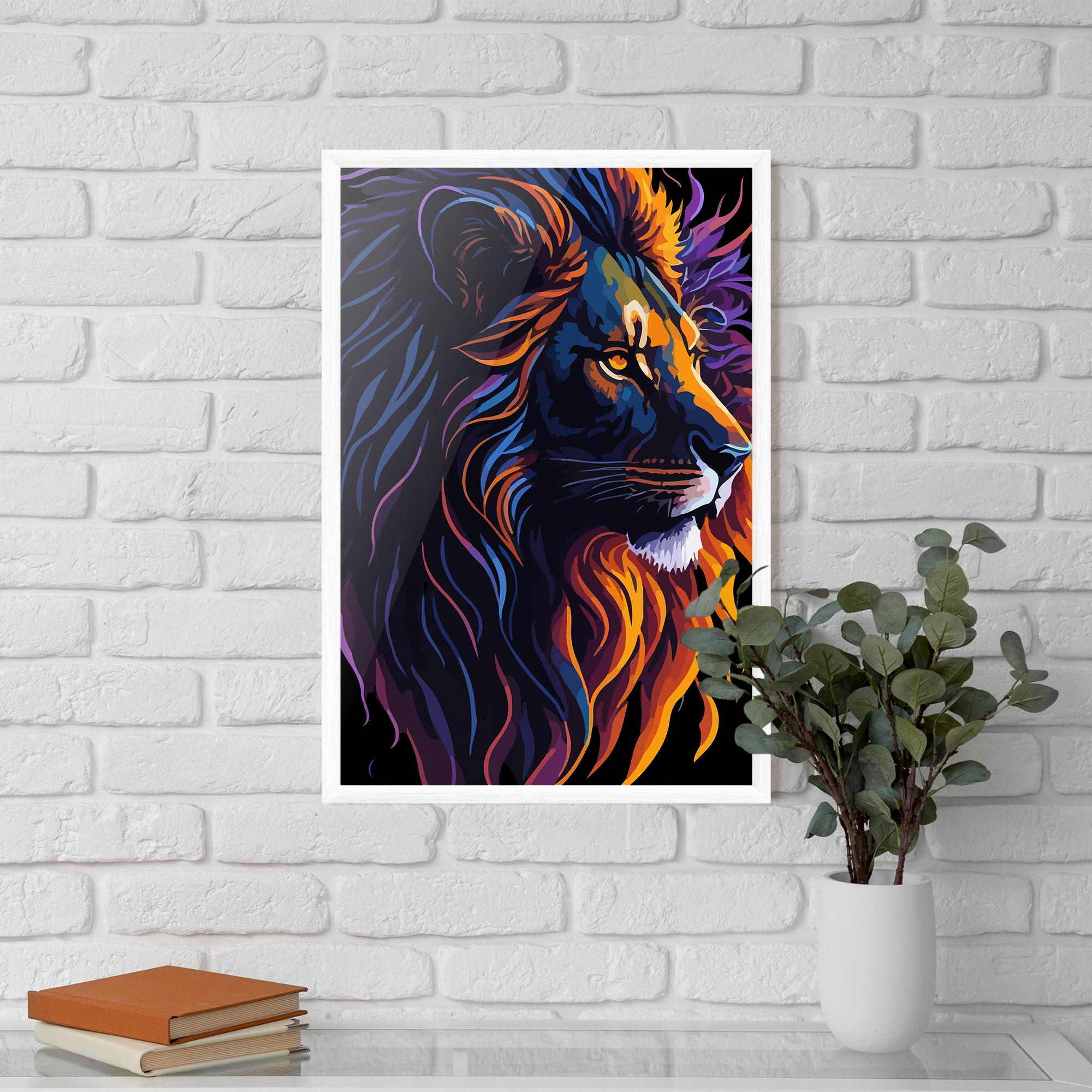 Gerahmte Poster Colorful Lion On Black mockup 5
