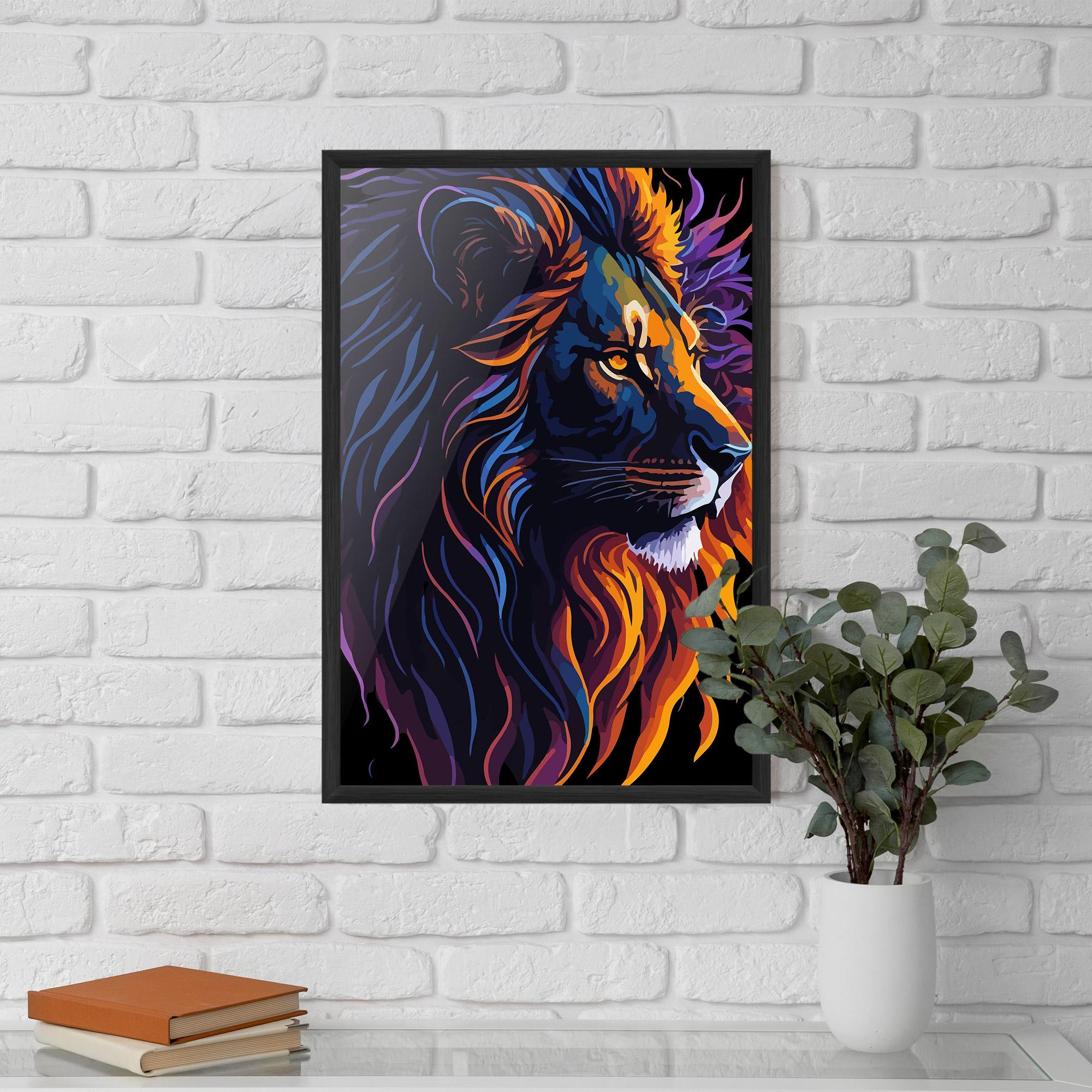 Gerahmte Poster Colorful Lion On Black mockup 5