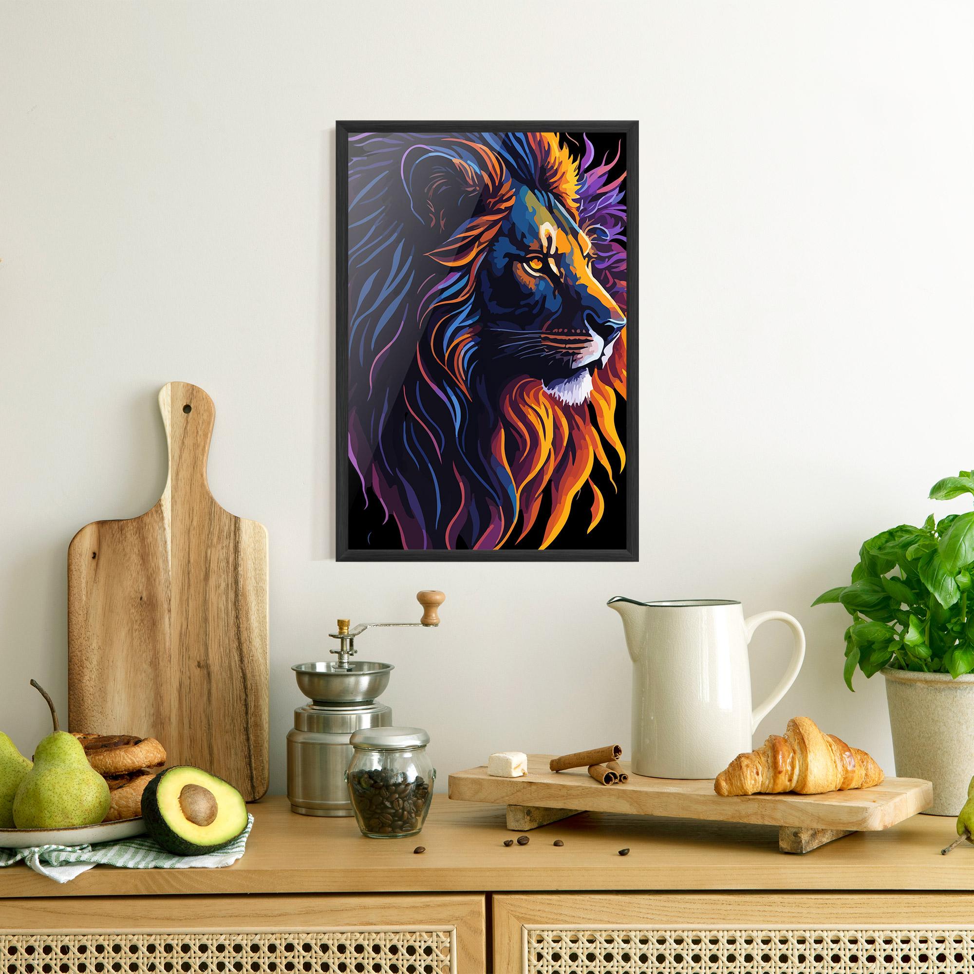 Gerahmte Poster Colorful Lion On Black mockup 8