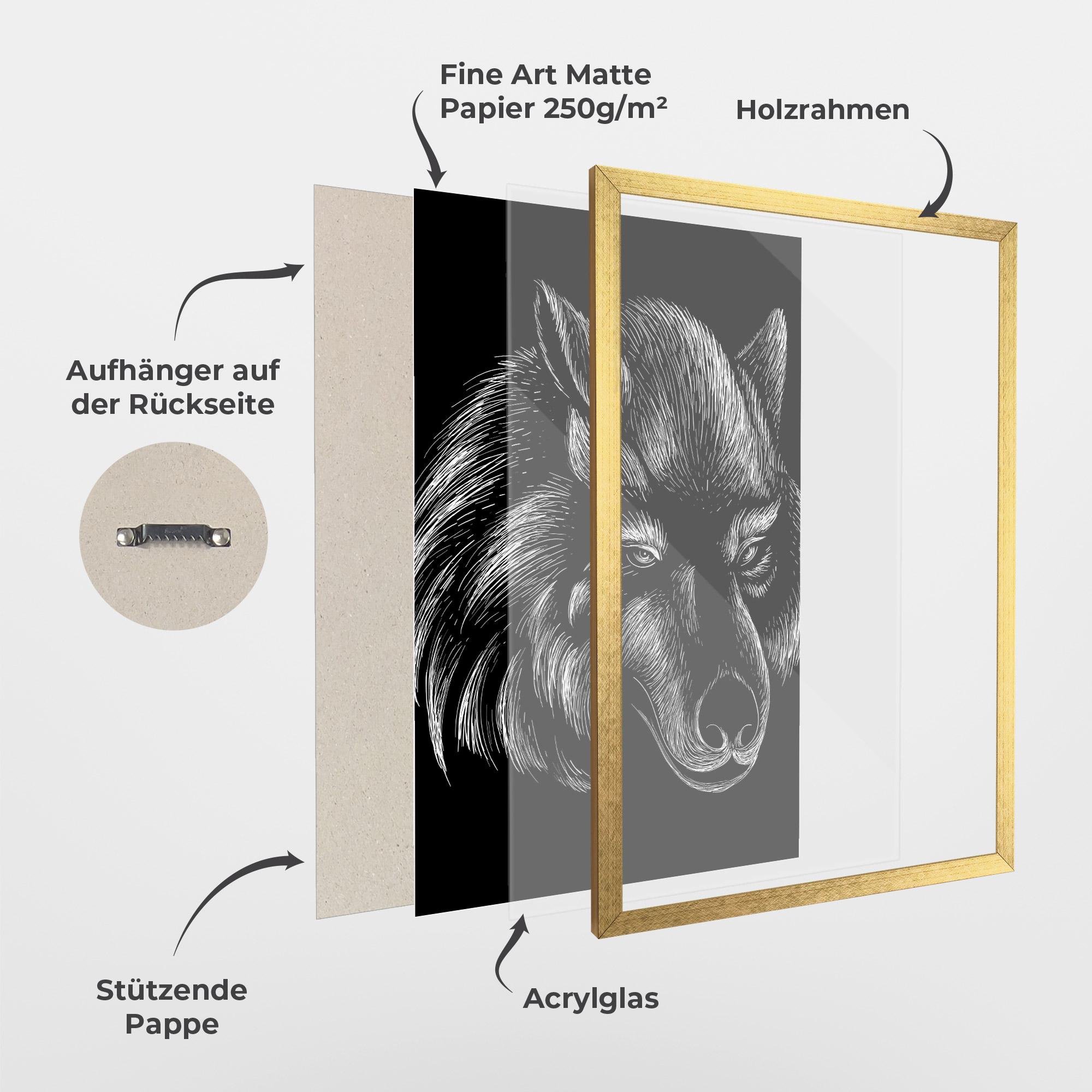 Gerahmte Poster White Line Wolf mockup 1