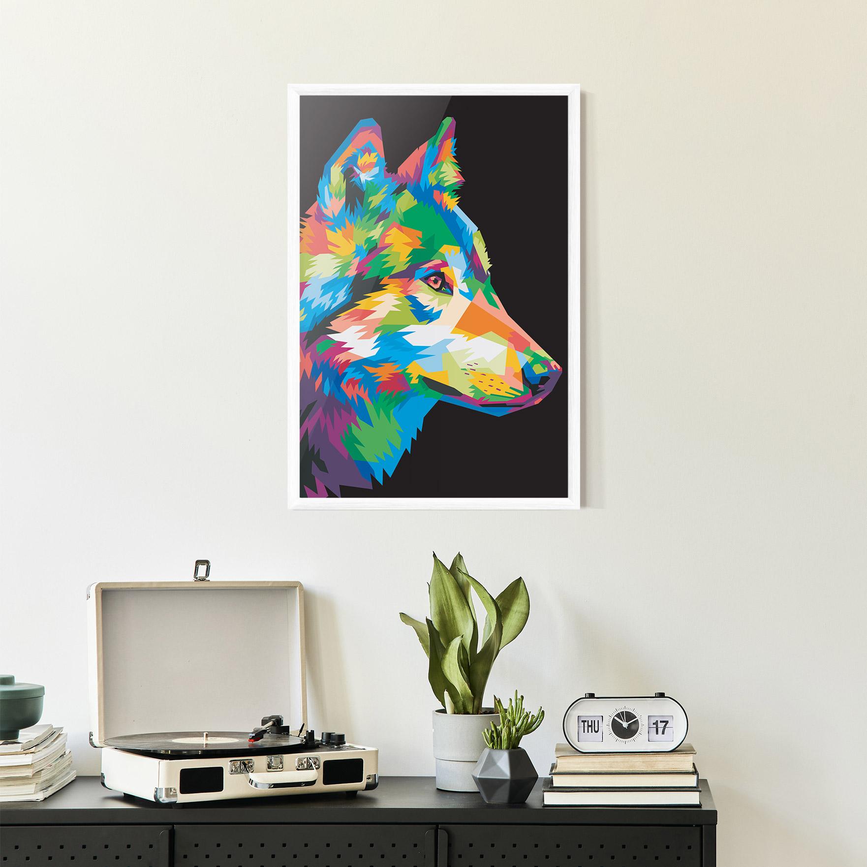 Gerahmte Poster Colorful Wolf mockup 2