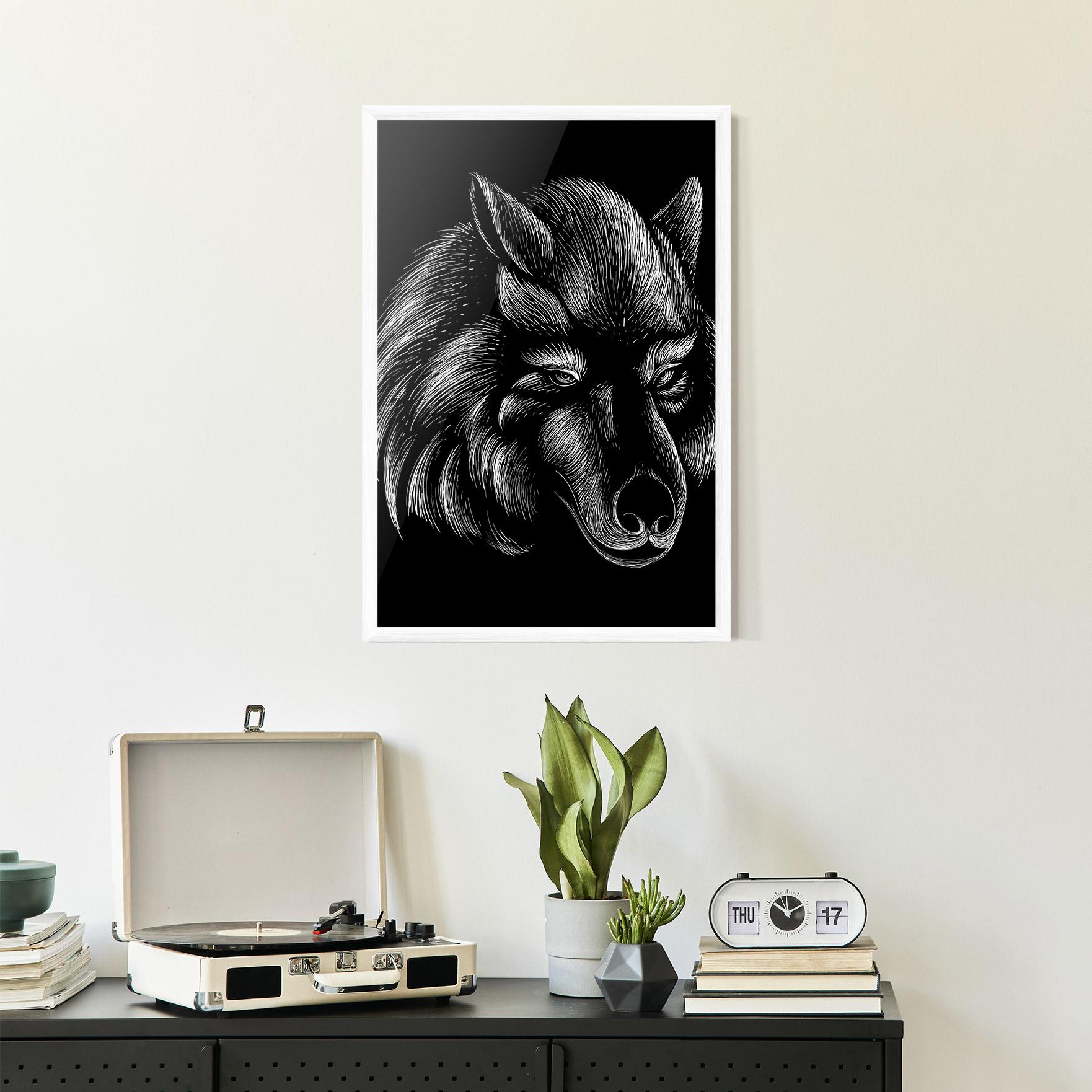Gerahmte Poster White Line Wolf mockup 2