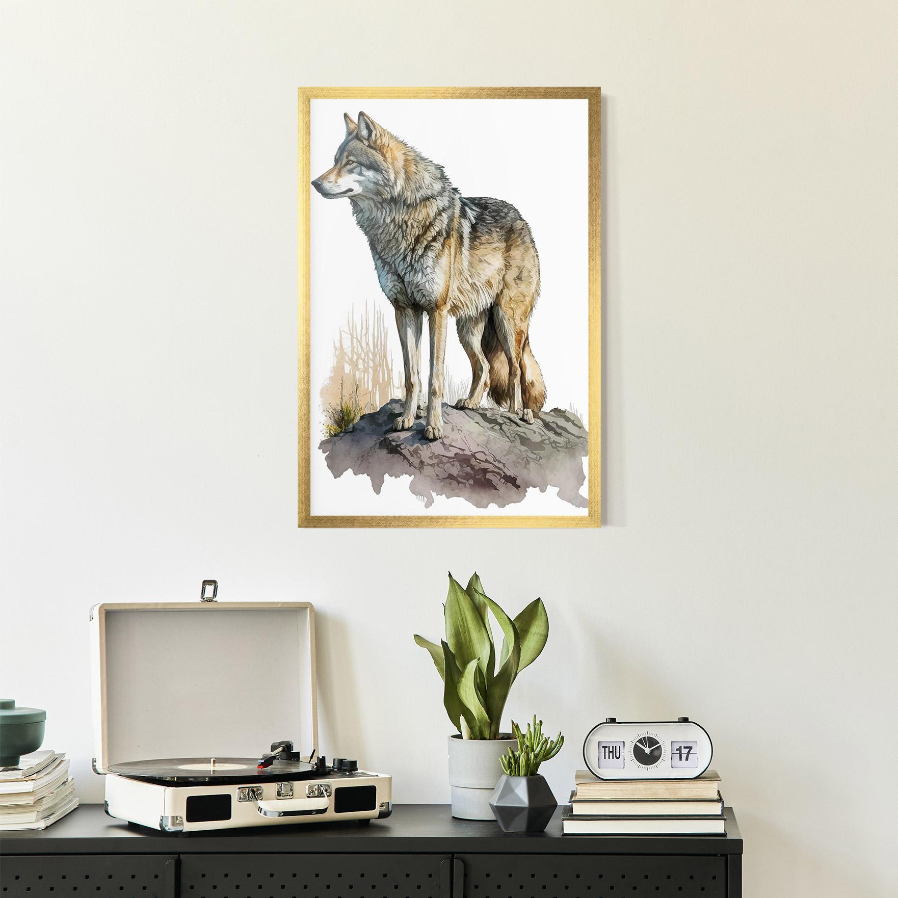 Gerahmte Poster Wolf On Rock mockup 2