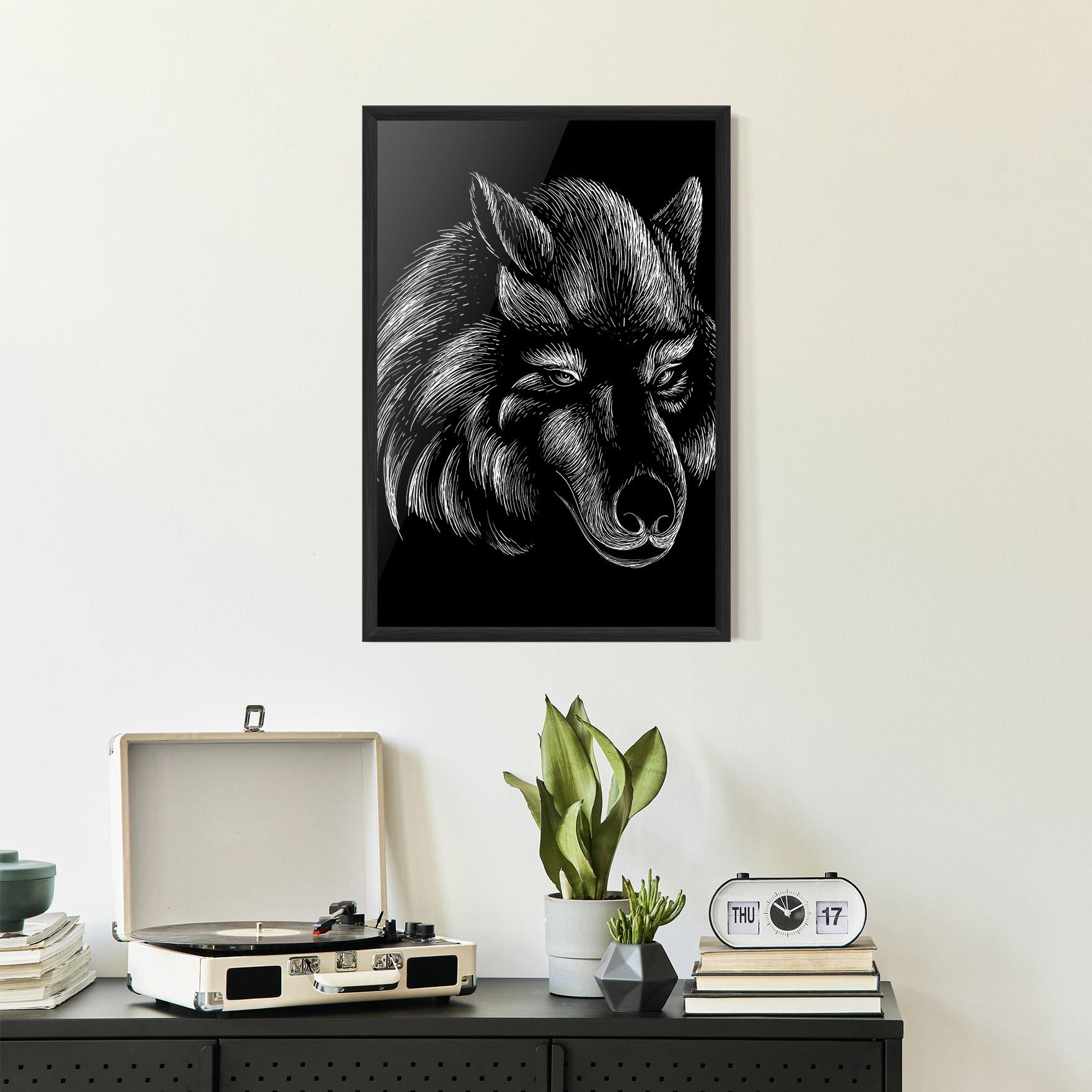 Gerahmte Poster White Line Wolf mockup 2