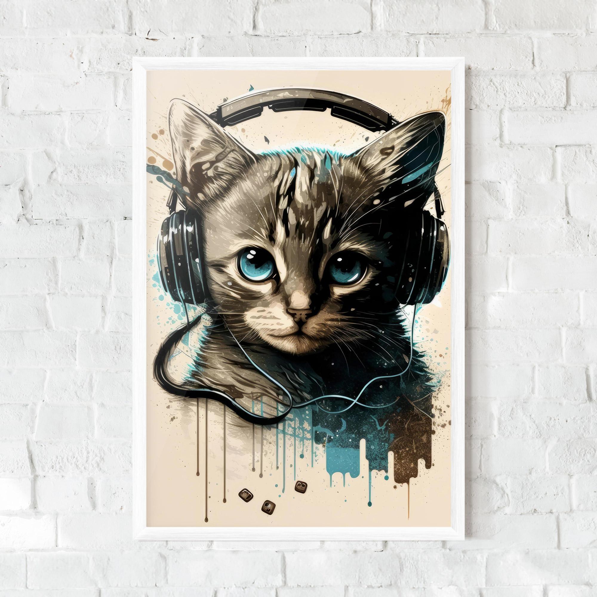 Gerahmte Poster Headphones Cute Cat mockup 0
